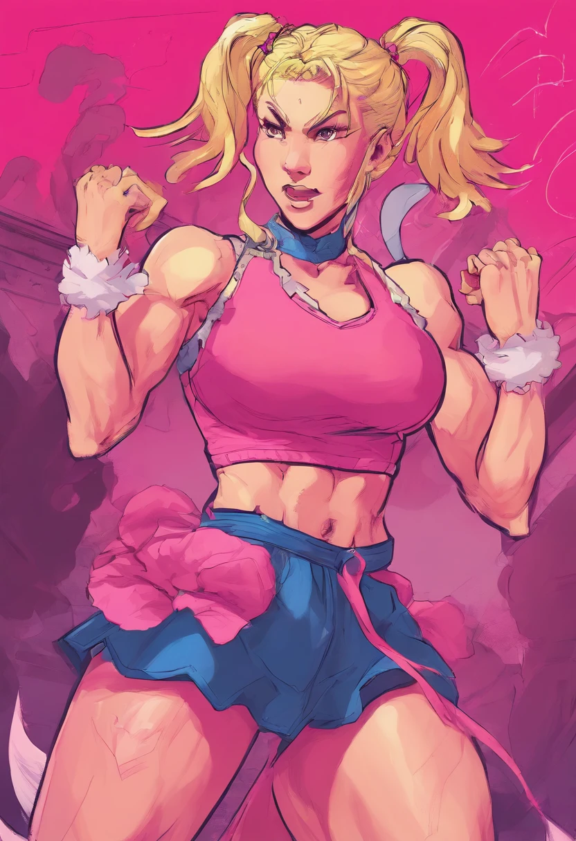 muscular female with blonde pigtails wearing thigh high socks and a pink frilly skirt with gym top on