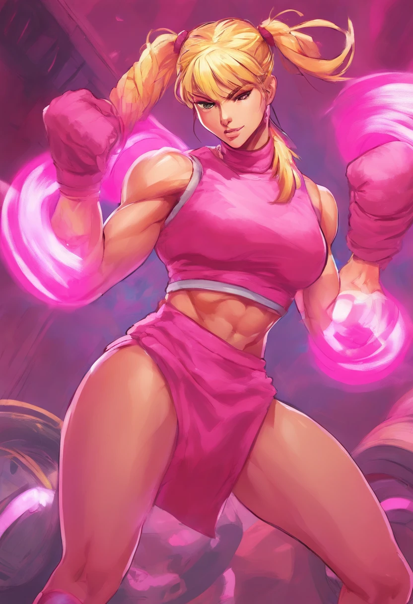 muscular female with blonde pigtails wearing thigh high socks and a pink frilly skirt with gym top on