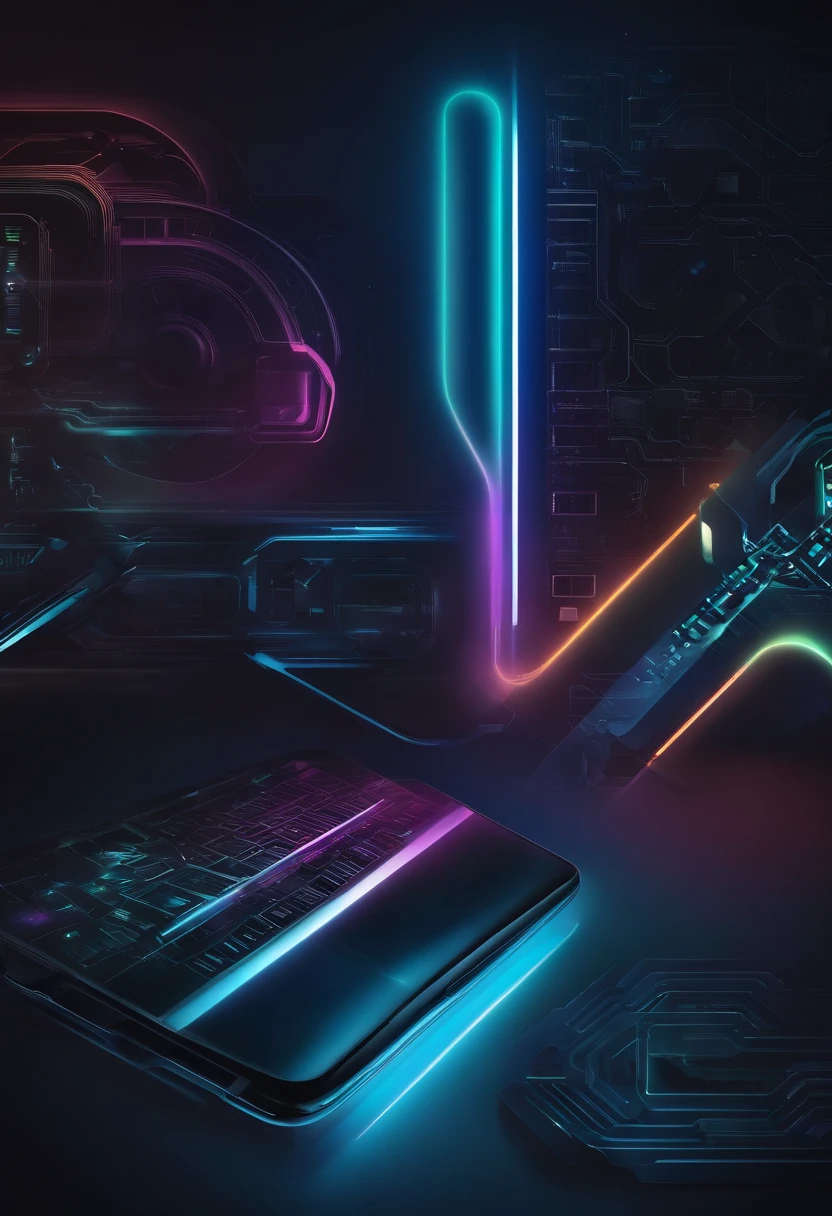 Imagine a logo of technological products, com tema de fundo escuro e cores neon, contendo o nome Essential Tech.