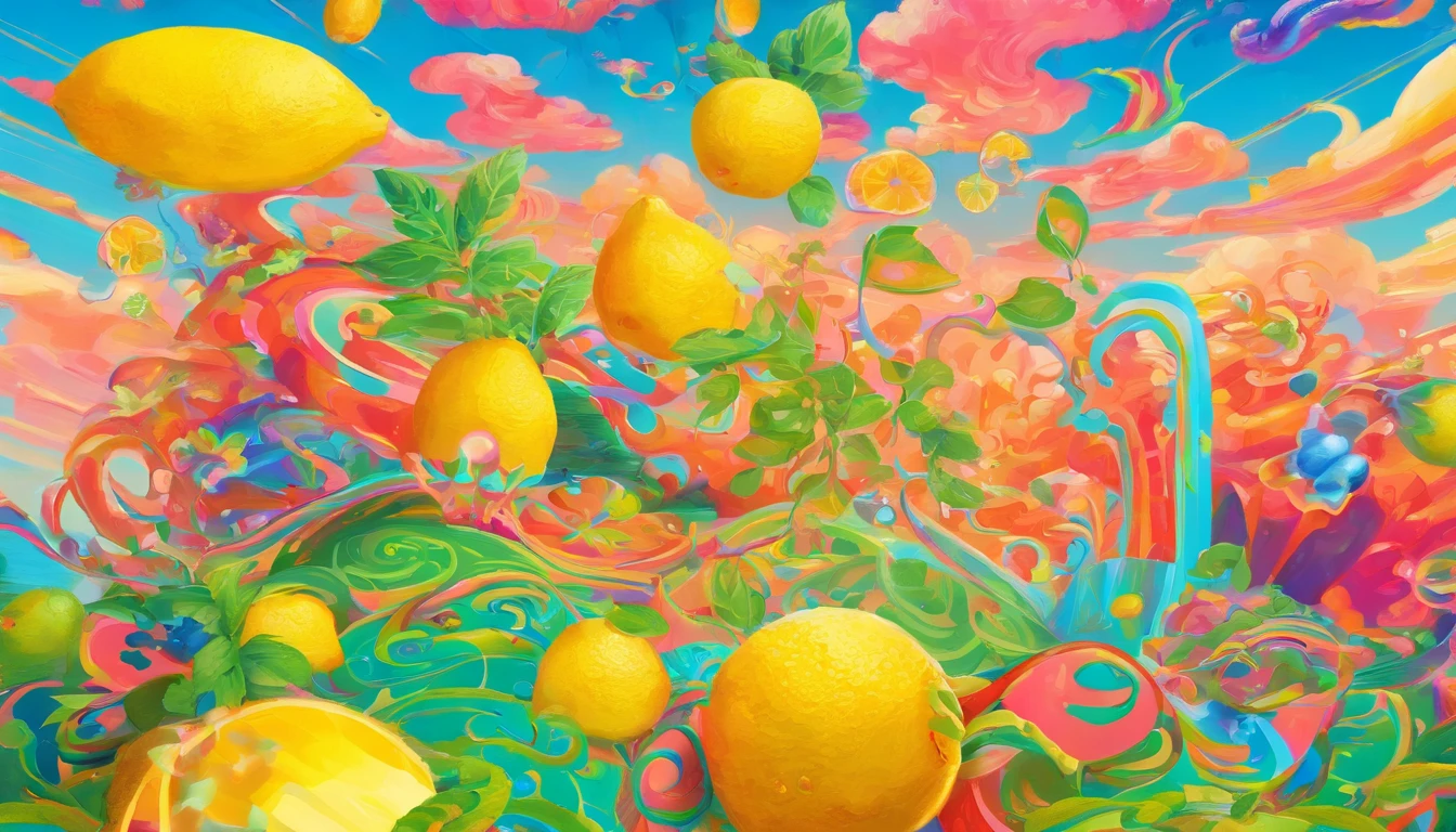 (nobody)lemons、mint leaf、Soft drinks with foam。Yellow fades to blue。it's cool。Multicolored straws、Ice cubes、Placed on green leaves、outside of house、clear blue skies、There are beautiful clouds、cyberpunked