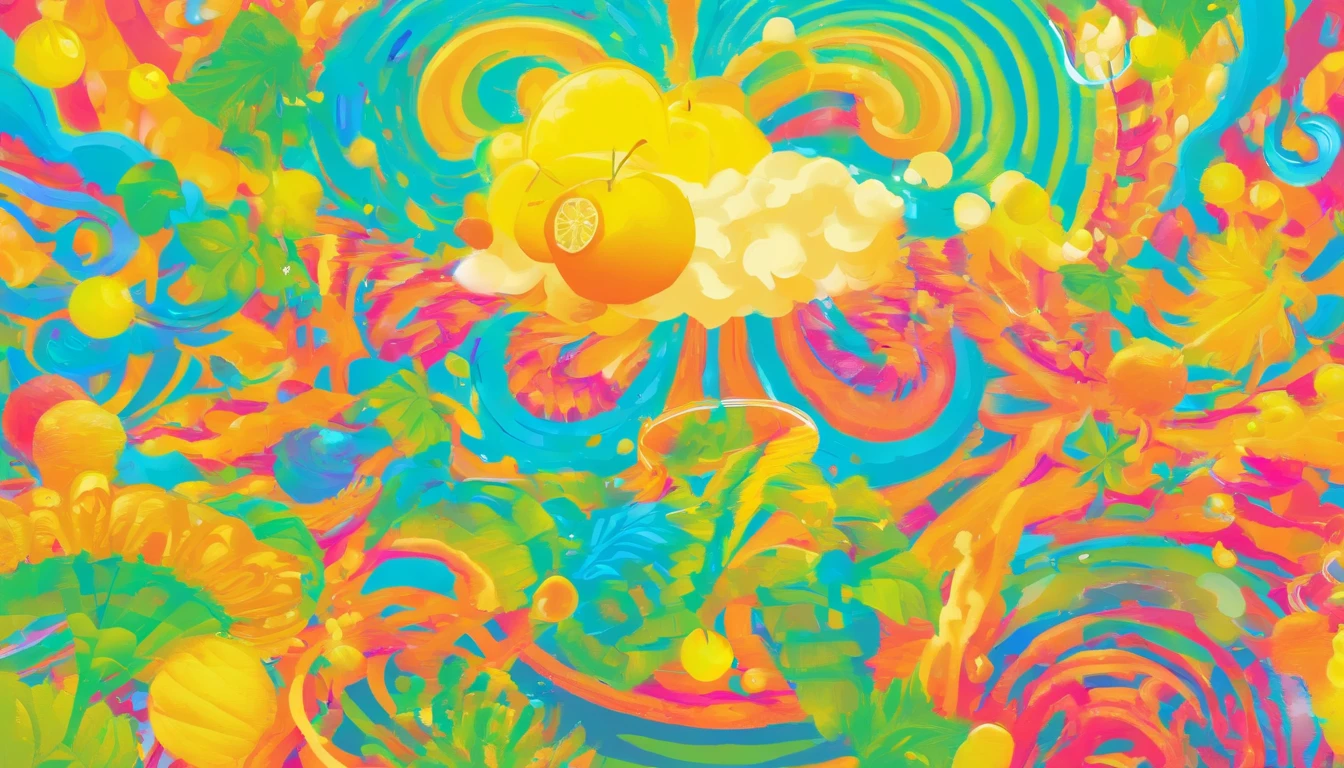 (nobody)lemons、mint leaf、Soft drinks with foam。Yellow fades to blue。it's cool。Multicolored straws、Ice cubes、Placed on green leaves、outside of house、clear blue skies、There are beautiful clouds、cyberpunked
