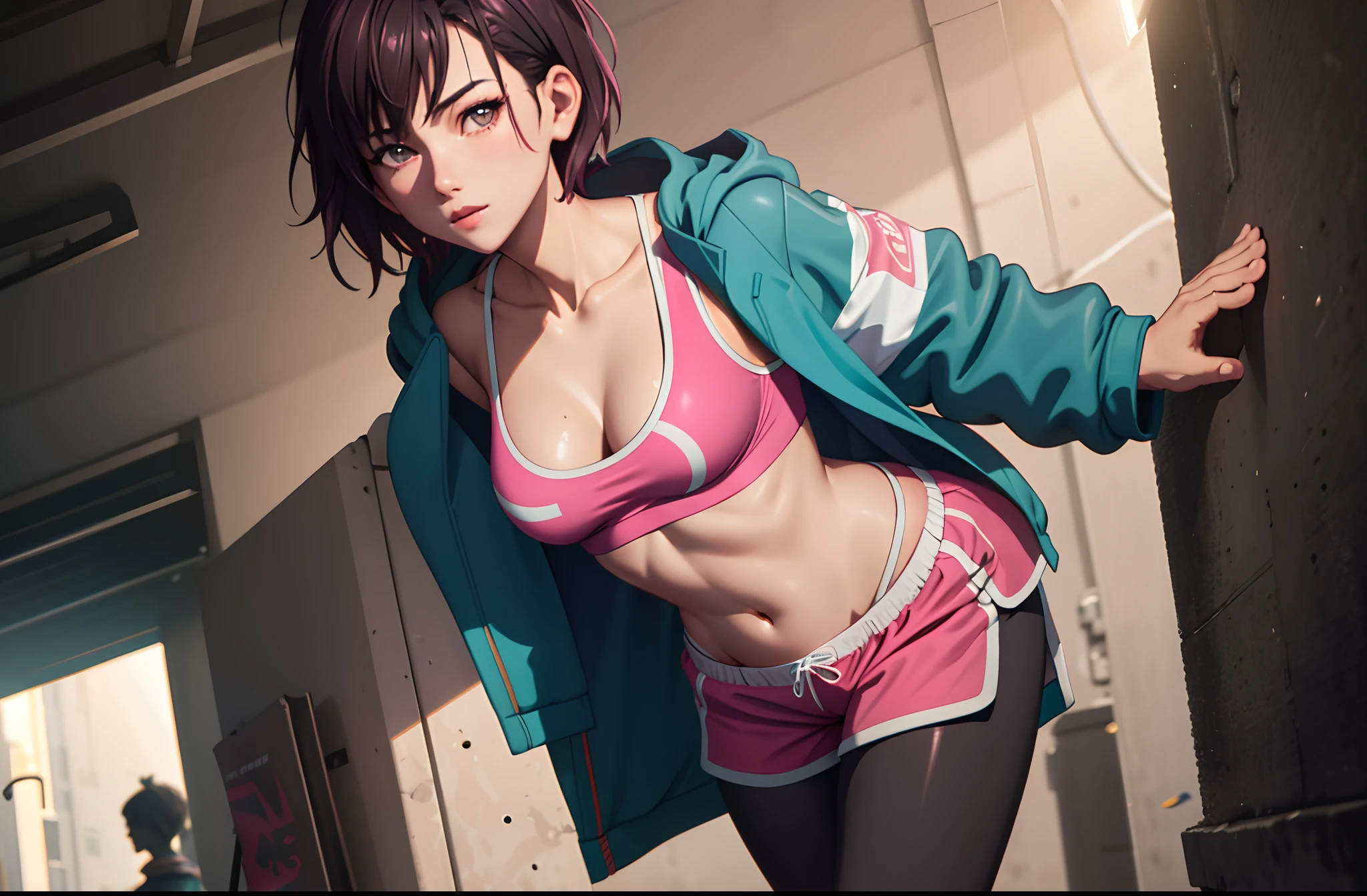 (dynamic lighting), (highly detailed cg), (highly detailed skin), (breastout), (toned body), (photorealistic), (high-res), ultra realistic 8k CG, 1girl, black short hair, collarbone, hipbone, pink sports bra, open teal jacket, pink shorts over black leggings, (exposed breasts), perfect, standing in a dirty alley,