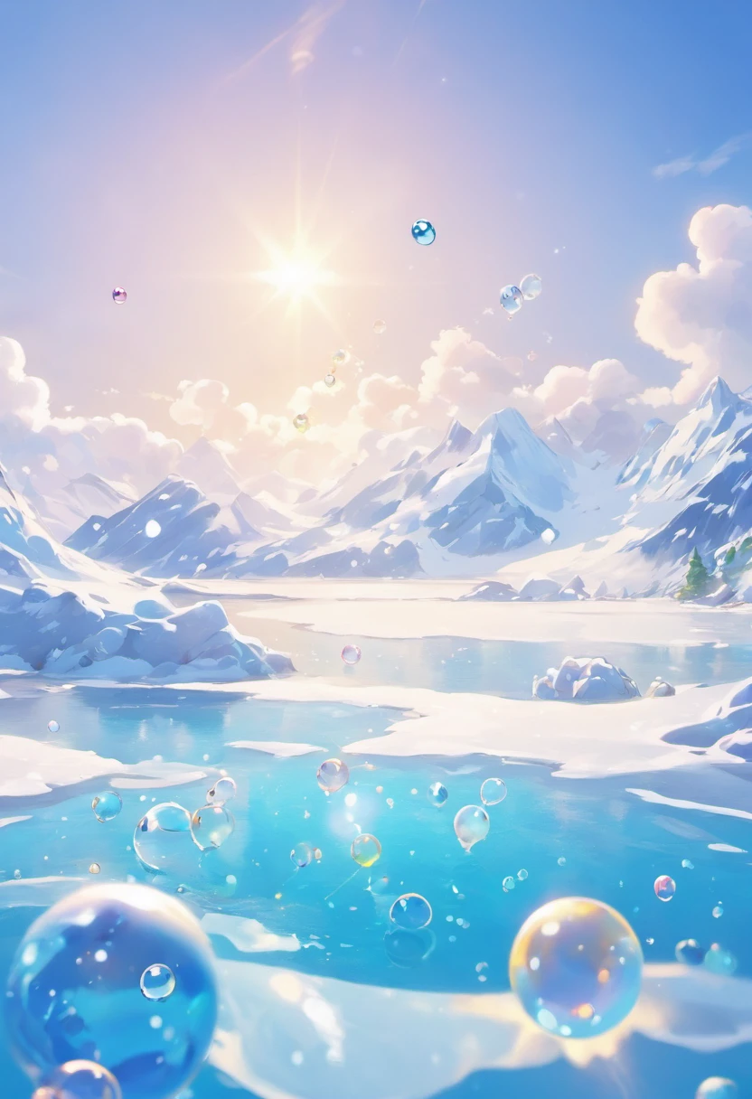 Ultra HD 3D graphics,Showcasing the glacier wishing on the tranquil shores of a lake. glacier, Beautiful rendering details, See gently blowing bubbles into the air, Everyone has hopeful wishes. Bubbles capture the reflection of the setting sun, Create dreams, Magical effect. The overall atmosphere is gentle, Full of hope and tranquility