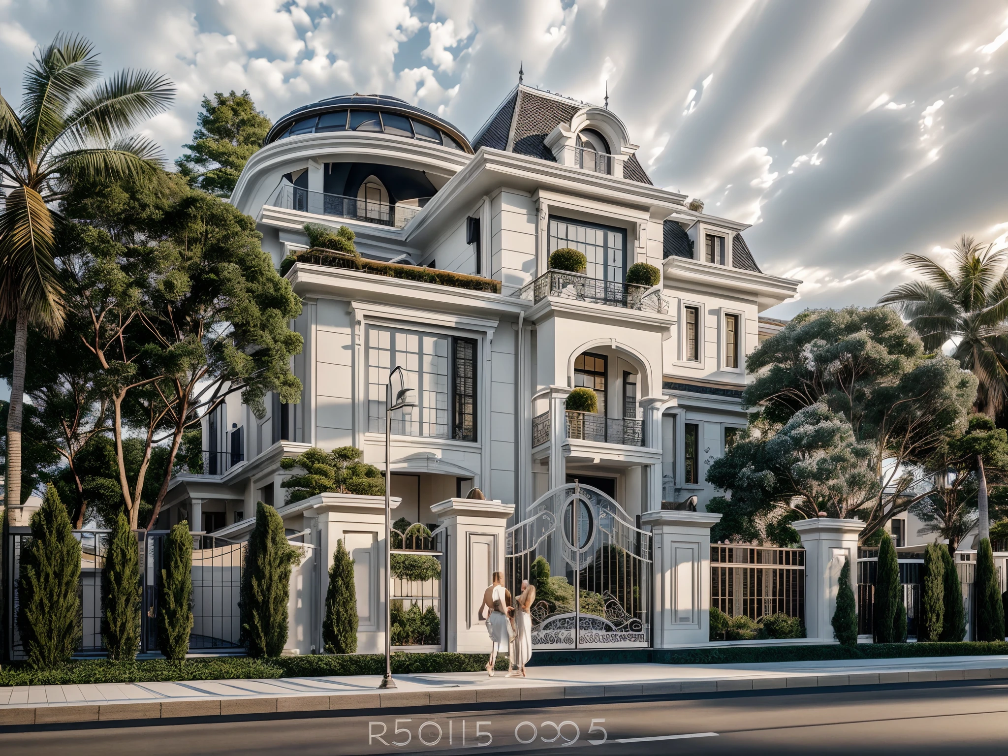 RAW photo,Masterpiece, high quality, best quality, authentic, super detail, A (photo realistic:1.5) exterior house with a gate and a large balcony on the top floor, neo - classical style, architectural visualization, exterior design, neo - classical, neo-classical, neoclassical style, exquisite architecture, wide angle exterior 2022, luxury architecture, highly detailed architecture, architectural rendering, ( people walk on street), (style architecture special),\(sunset beach\), realistic architecture, A (Photorealism:1.5), inter dimensional villa, gate door (curved lines detail:1.2), (reliefs:1.2), (white wall:1.1), the planter has many (white chrysanthemums:1.2), black iron gate, (White cornice:1.1), (detail Iron roof:1.3) covering the balcony of the villa, (detail roof tile:1.2), (window glass detail:1.1), (wall lamp) details, (gate details:1.5), exterior design, (curve:1.1), (wall inside curve cornice white:1.1), (Curved molding:1.2) (curved detail:1.2), The sky shines pale white, (curve cornice detail:1.1) roof top, (Intricate lines:1.5) of the house gate, realistic architecture, (photo-realistic:1.5),(((hyper detail:1.5))), archdaily, award winning design, (dynamic light:1.3), (daylight:1.2), (perfect light:1.3), (shimering light :1.4) , louver roof, refection glass windows, (curved line architecture arch:1.2), trees, beautiful sky, (day:1.1), photorealistic, (god ray:1.1), FKAA, TXAA, RTX, SSAO, Post Processing, Post-Production, CGI, VFX, SFX, Full color,((Unreal Engine 5)), Peter Guthrie SKY HDRi Collection 1739 Sun Clouds, 300 DPI, ultra-detailed, intricate detail, extreme detail, science, hyper-detail, FKAA, TXAA, RTX, SSAO, DOF 60, aperture and distance should use a camera with a large sensor. The larger the sensor, the more light, Canon EOS R5 Camera + Lens RF 45MP full-frame CMOS sensor, 5-axis Image Stabilization (IBIS), (Advanced camera control shot on 35mm, Bokeh, , Tilt blur, Speed shutter speed 1/1000, f/32),((Lifelike)), Natural, ((Eye-catching))
