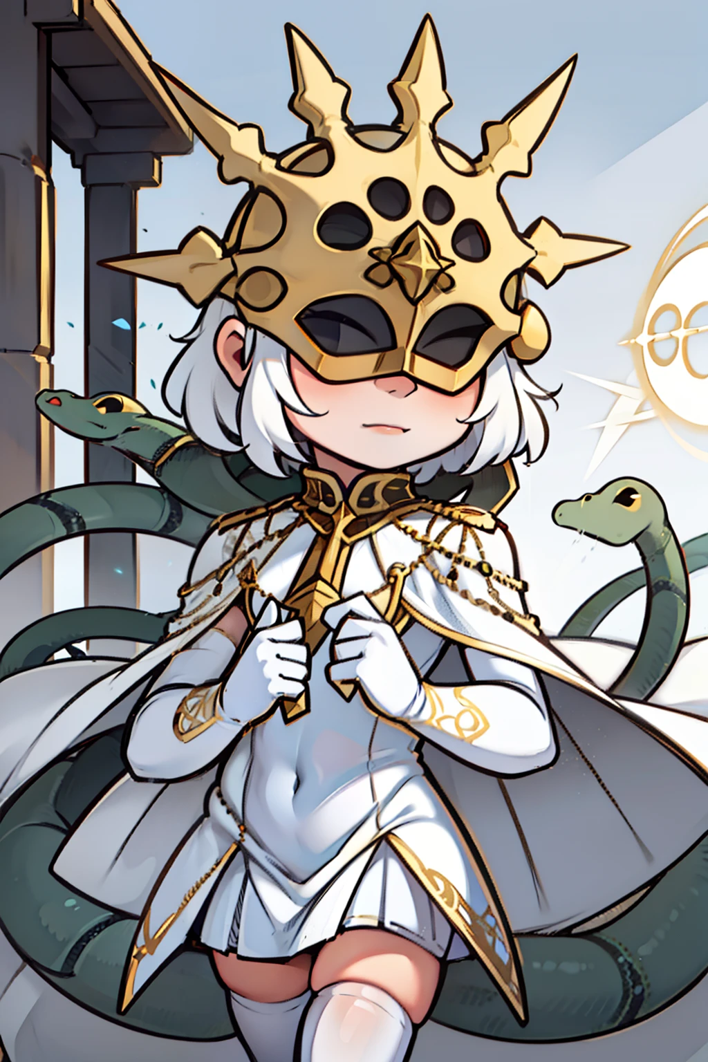 Gywndolin, short white hair, androgynous, 1boy, male, femboy, flat-chested, GwyRob, white thighhighs, ((golden sun mask)), covered eyes, gold jewelry, white elbow gloves, white dress, green snakes, white veil, ((snakes under white dress)), perfect anatomy, solo