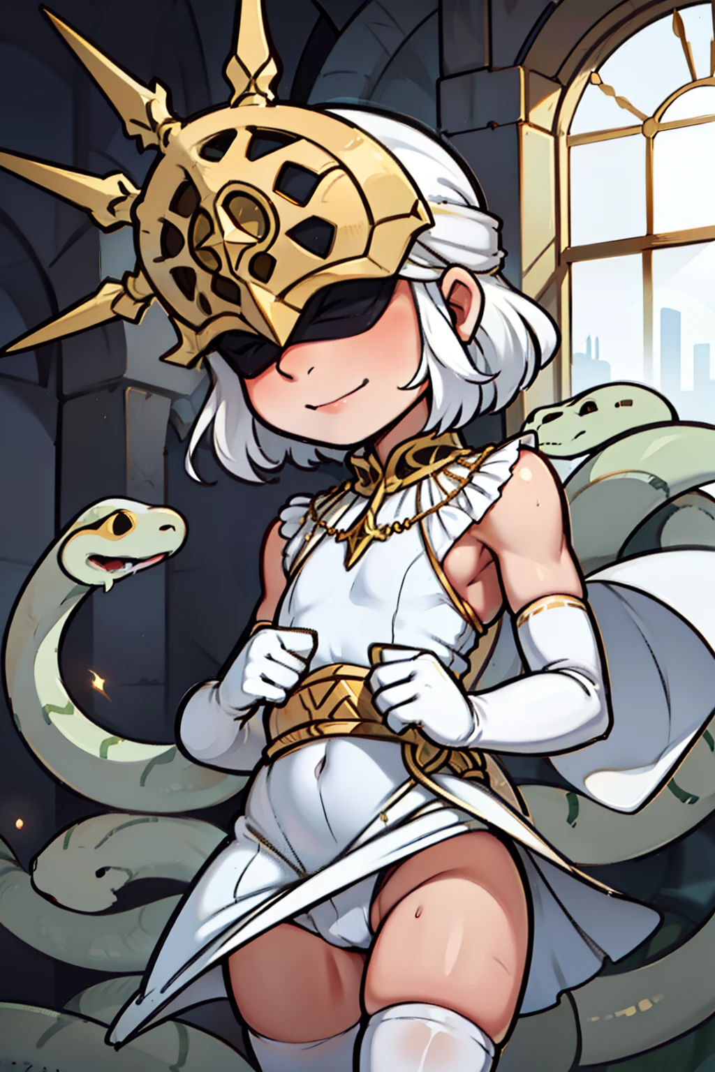 Gywndolin, short white hair, androgynous, 1boy, male, femboy, flat-chested, GwyRob, white thighhighs, ((golden sun mask)), covered eyes, gold jewelry, white elbow gloves, white dress, green snakes, white veil, ((snakes under white dress)), perfect anatomy, solo