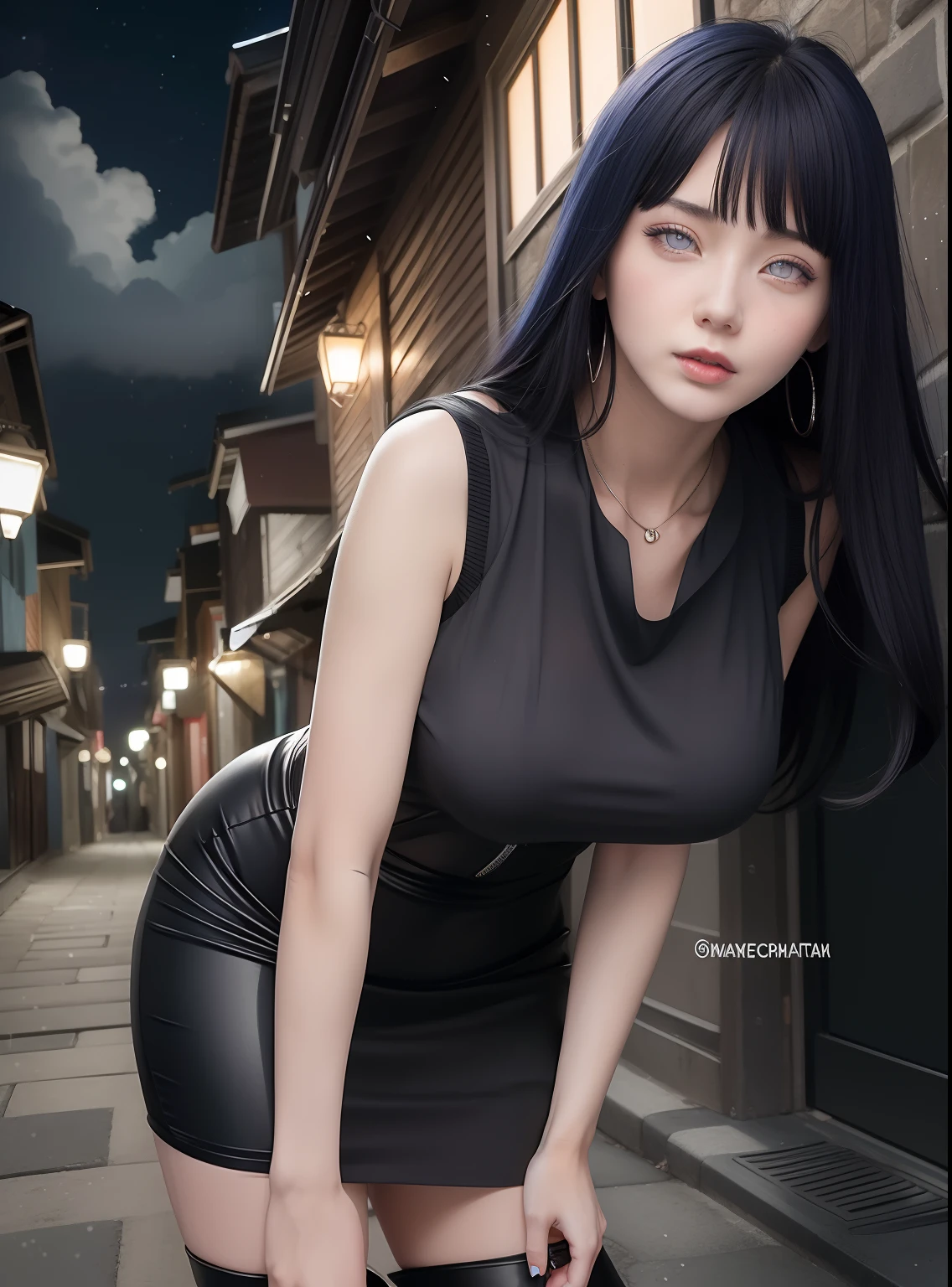Hinata hyuga A woman was in a small alley. At night. Looks like she's wearing a full-length black dress. Dress it looks so tight. Make the curves of his body trace. Showing her big, round breasts. He looks a little bent. With long straight hair. Unraveling. It's blue. He had a white as snow. With her rosy cheeks. And little red lips. He looked into the camera. With a faint smile. So pretty... sexy and realistic
