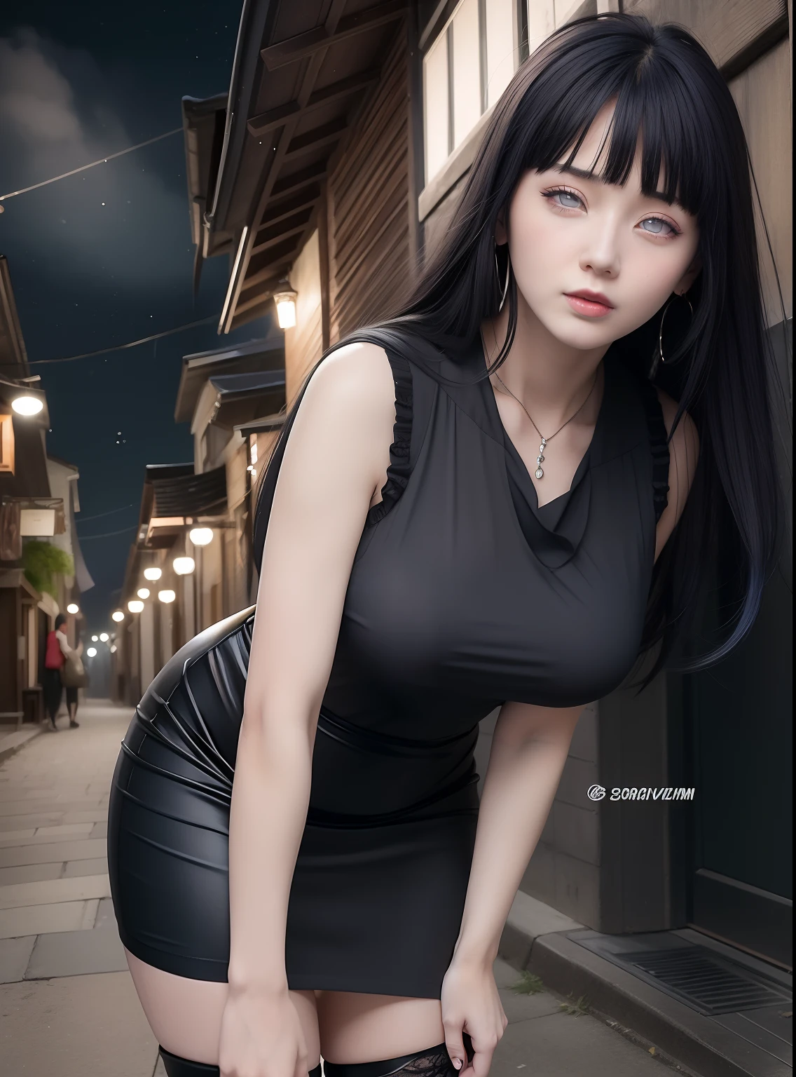 Hinata hyuga A woman was in a small alley. At night. Looks like she's wearing a full-length black dress. Dress it looks so tight. Make the curves of his body trace. Showing her big, round breasts. He looks a little bent. With long straight hair. Unraveling. It's blue. He had a white as snow. With her rosy cheeks. And little red lips. He looked into the camera. With a faint smile. So pretty... sexy and realistic