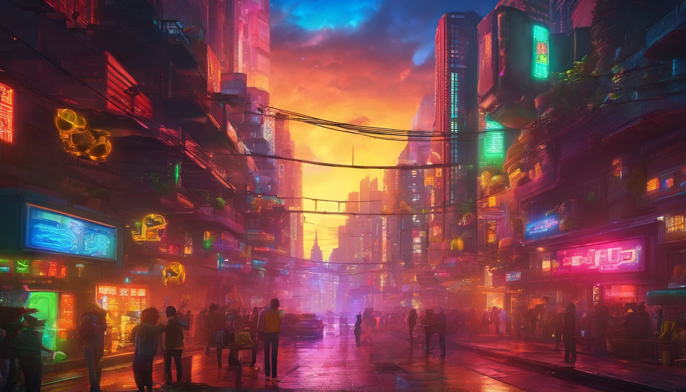 (nobody)lemons、mint leaf、Soft drinks with foam。Yellow fades to blue。it's cool。Multicolored straws、Ice cubes、Placed on green leaves、outside of house、clear blue skies、There are beautiful clouds、cyberpunked