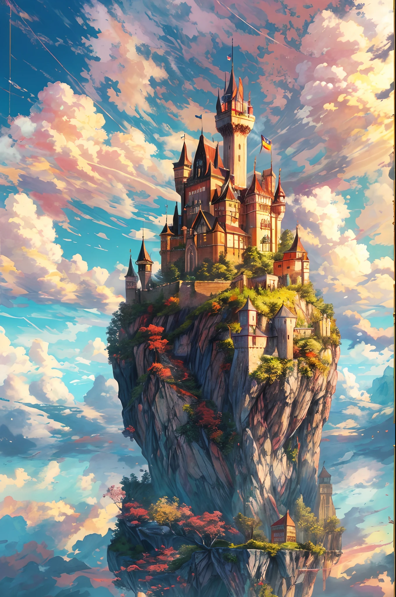 A majestic castle floating on a sky island, reminiscent of an England-style fortress, suspended above fluffy clouds, basking in the warm glow of the sun, radiating vibrant colors, Masterpiece