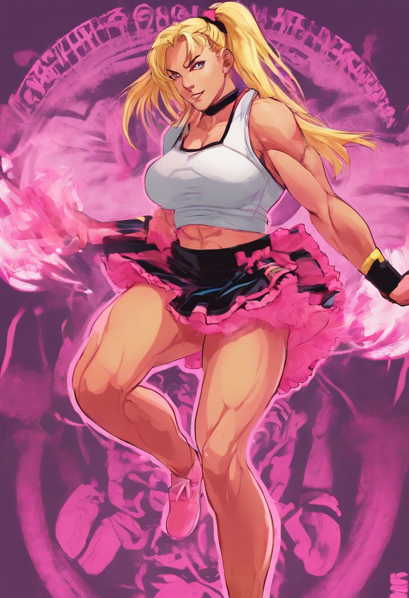 muscular female with blonde pigtails wearing thigh high socks and a pink frilly skirt with gym top on