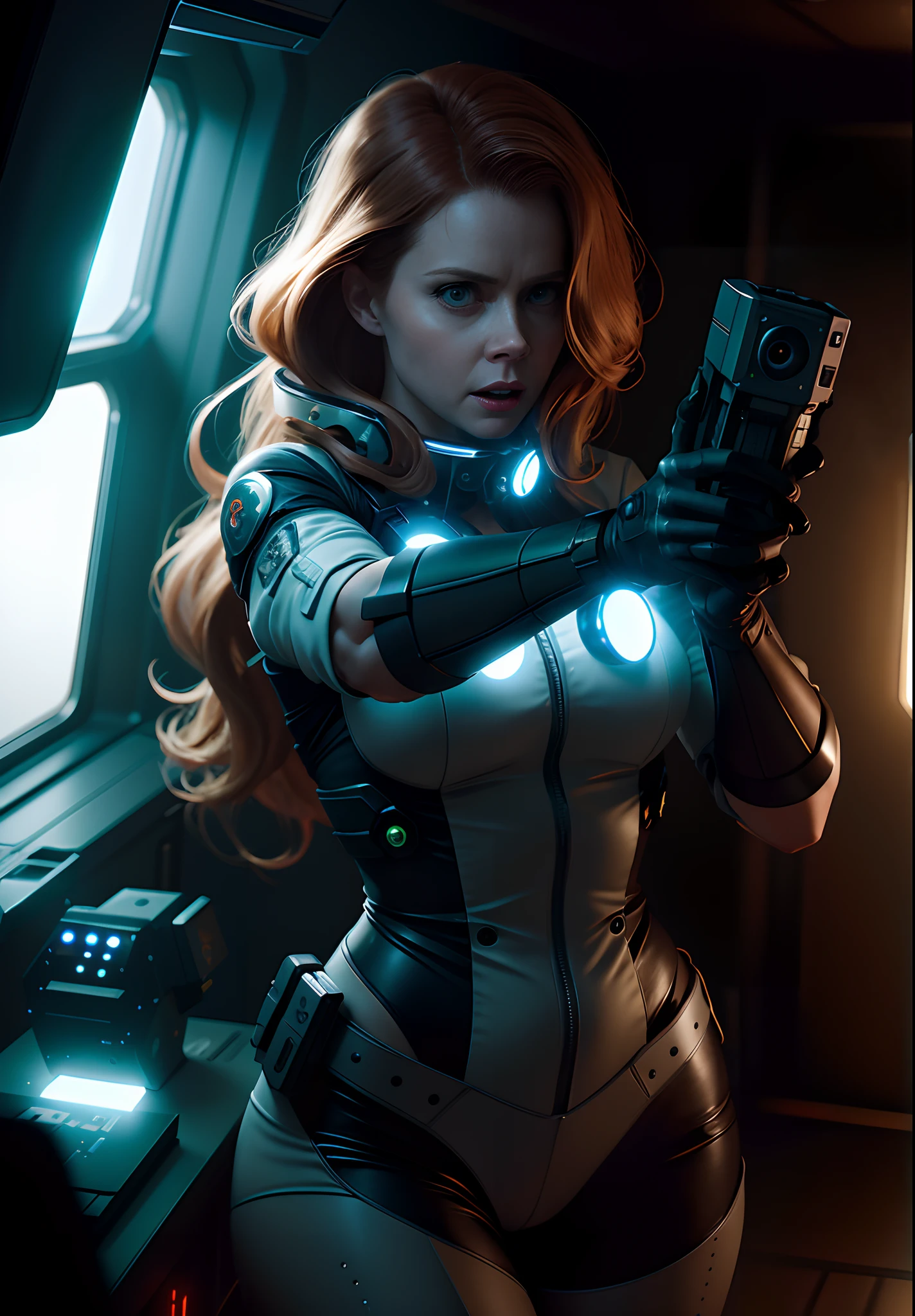 Hot terrified Sci fi Amy Adams holding a sci fi pistol on Ishimura Horror Space Ship photography, natural light, photorealism, cinematic rendering, ray tracing, the highest quality, the highest detail, Cinematic, Third-Person View, Blur Effect, Long Exposure, 8K, Ultra-HD, Natural Lighting, Moody Lighting, Cinematic Lighting