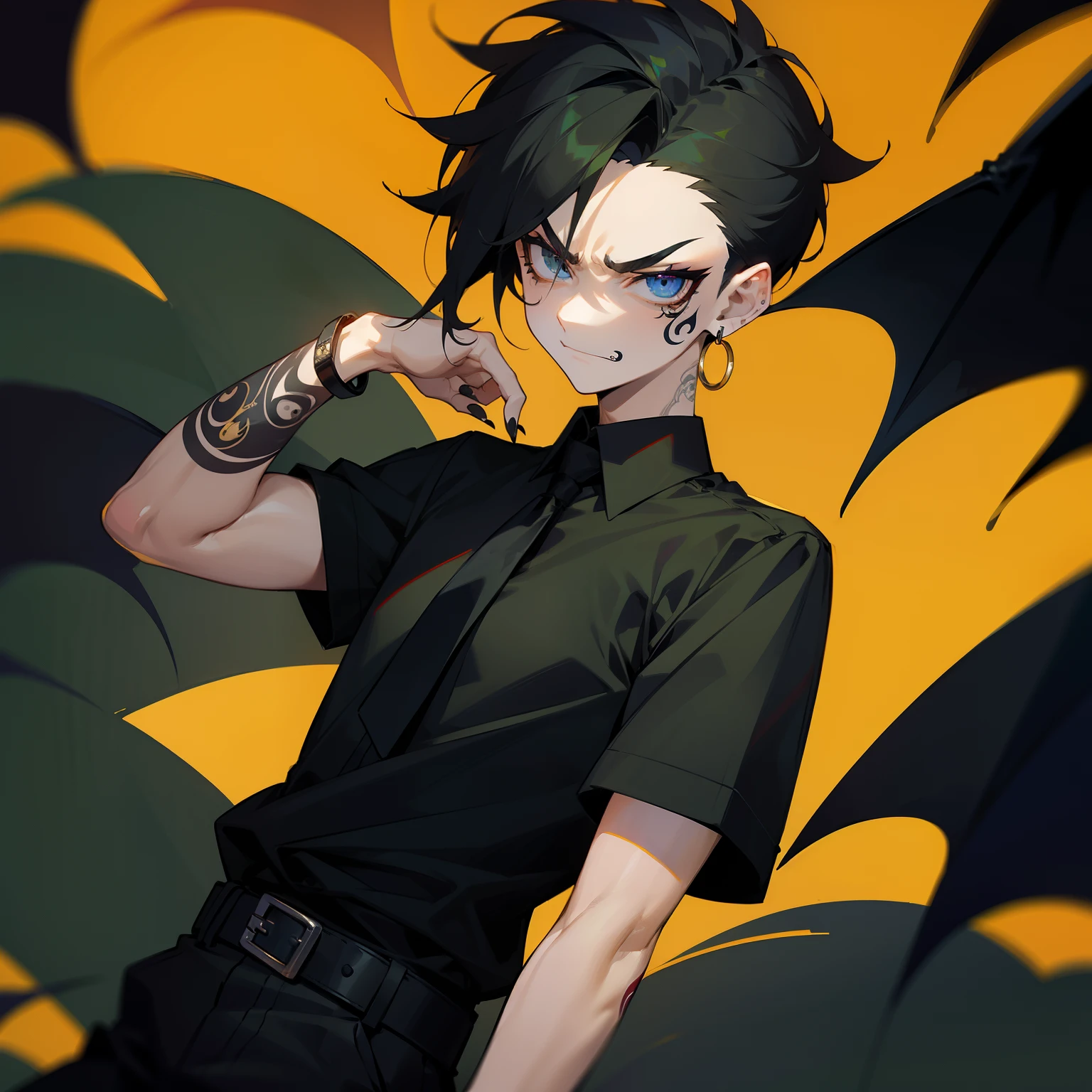 Man in shirt and tie, Male Focus, a belt, Black shirt, The tattoo, Short sleeves , Short hair, Black Short Sleeve Polo Shirt, Green tie, Black pants, punk, Raised eyebrows, Floppy bangs, Spiky back hair, a little golden color on the bangs,, Undercut , Simple black earrings, devil, Bat, Angry face, Black nails, arm tattoos, big eye, Black Eye Makeup, Wearing hair on the ears, Forehead, ssmile, wrist watch, Black Bangle, Square Thailand