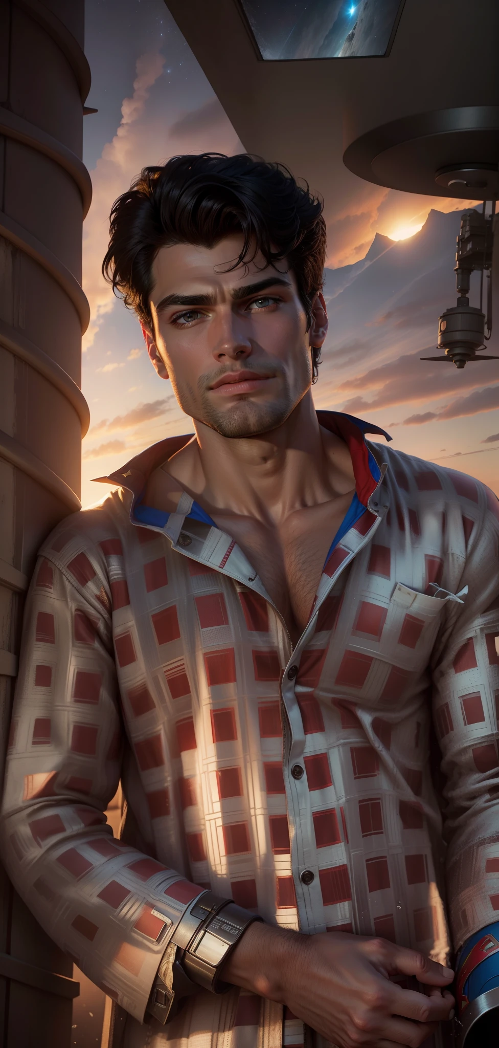 Superman Sean O'Pry, cinemactic, hiper-realista, fotografia, pele detalhada, HDR, Cinematography, noite