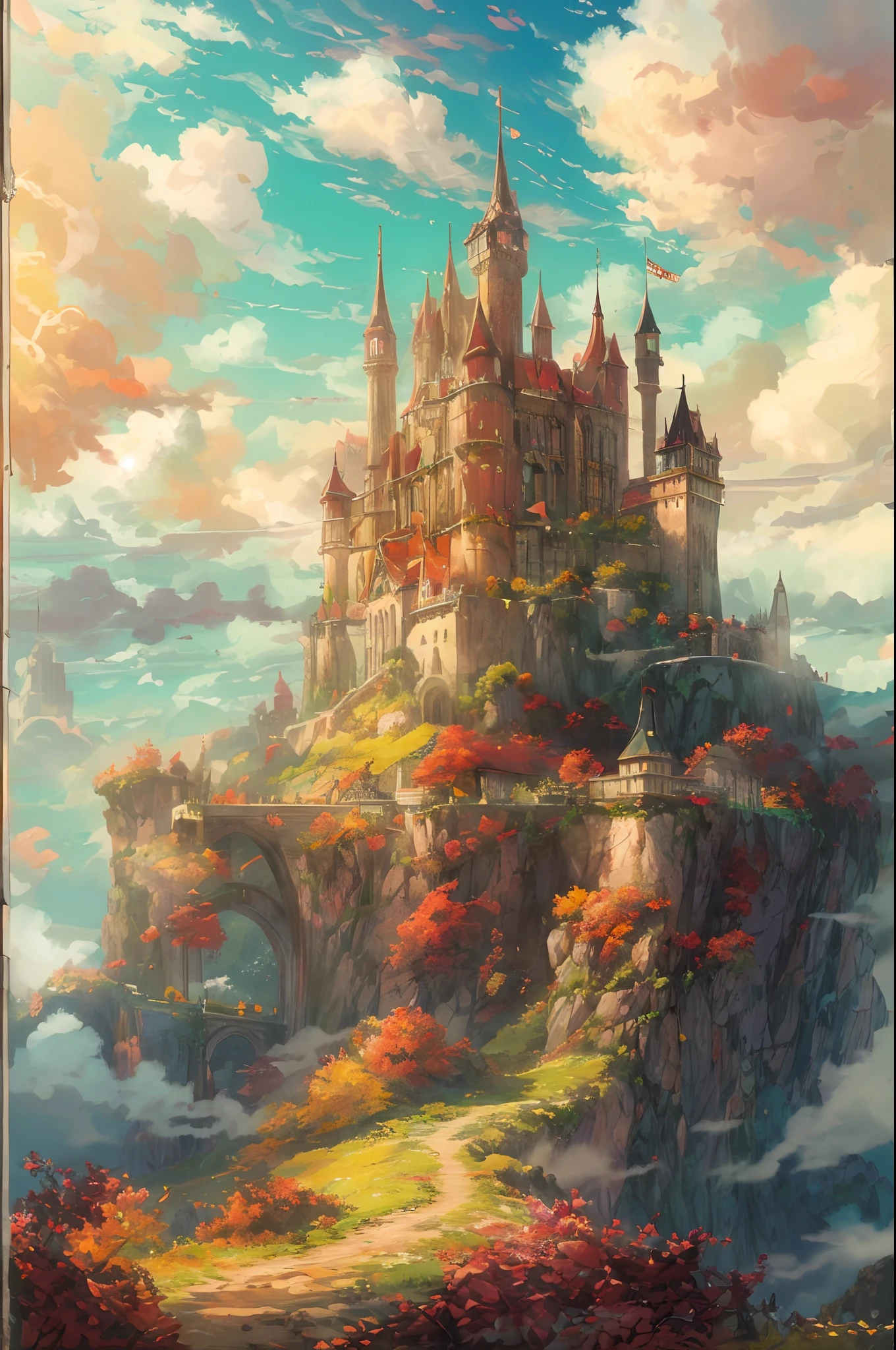 A majestic castle floating on a sky island, reminiscent of an England-style fortress, suspended above fluffy clouds, basking in the warm glow of the sun, radiating vibrant colors, Masterpiece