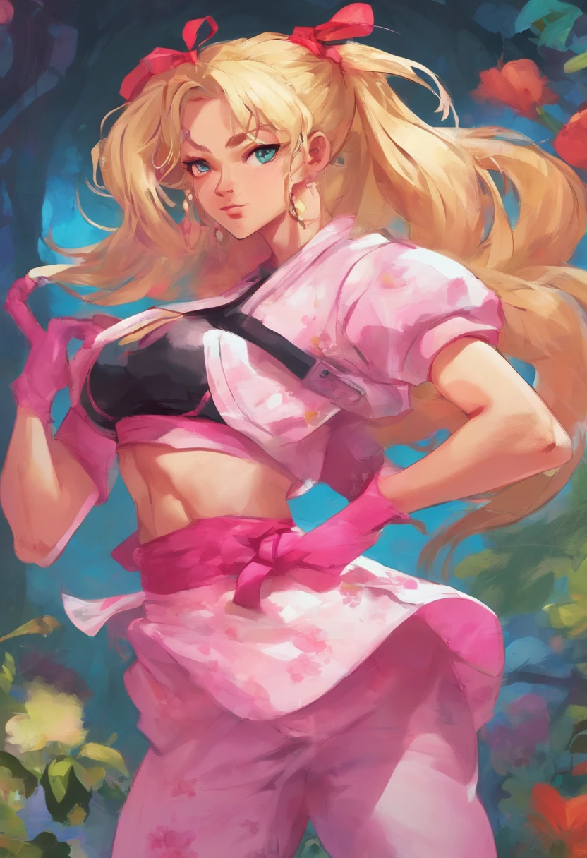 1girl, solo woman, 1 person, single person, woman with a ((PINK)) sleeveless turtleneck sweater, short ((PINK)) skirt, full body portrait, girl fanart, !!full body portrait!!, fullbody portrait, full body character portrait, full-body character portrait, detailed full body, full body illustration, anime full body illustration, anime style character, blonde hair, hairstyle: Pigtails, white thighhigh socks, green eyes, freckles, ((GOLD)) hoop earings, ((no item in hands)) ((ECCHI)) ((LEWD)) ((naughty)) ((Showing skin)) ((Showing chest)) ((Open chest)) ((WHITE BACKGROUND)) white background, 4k resolution blank background, White backdrop