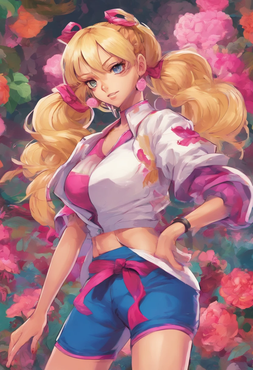 (a beautiful muscular girl,blonde:pigtail,eye-catching,top-quality,),thigh high socks,pink frilly skirt,gym top,fashionable,vibrant colors,expressive face,dynamic pose,in a garden setting,floral background,soft natural lighting,realistic style,happy expression,confident stance,attention-grabbing appearance,strong legs,bounce and volume in the hair,high-resolution image,vivid colors,perfectly styled hair,fit and athletic body,energetic vibe,full of life