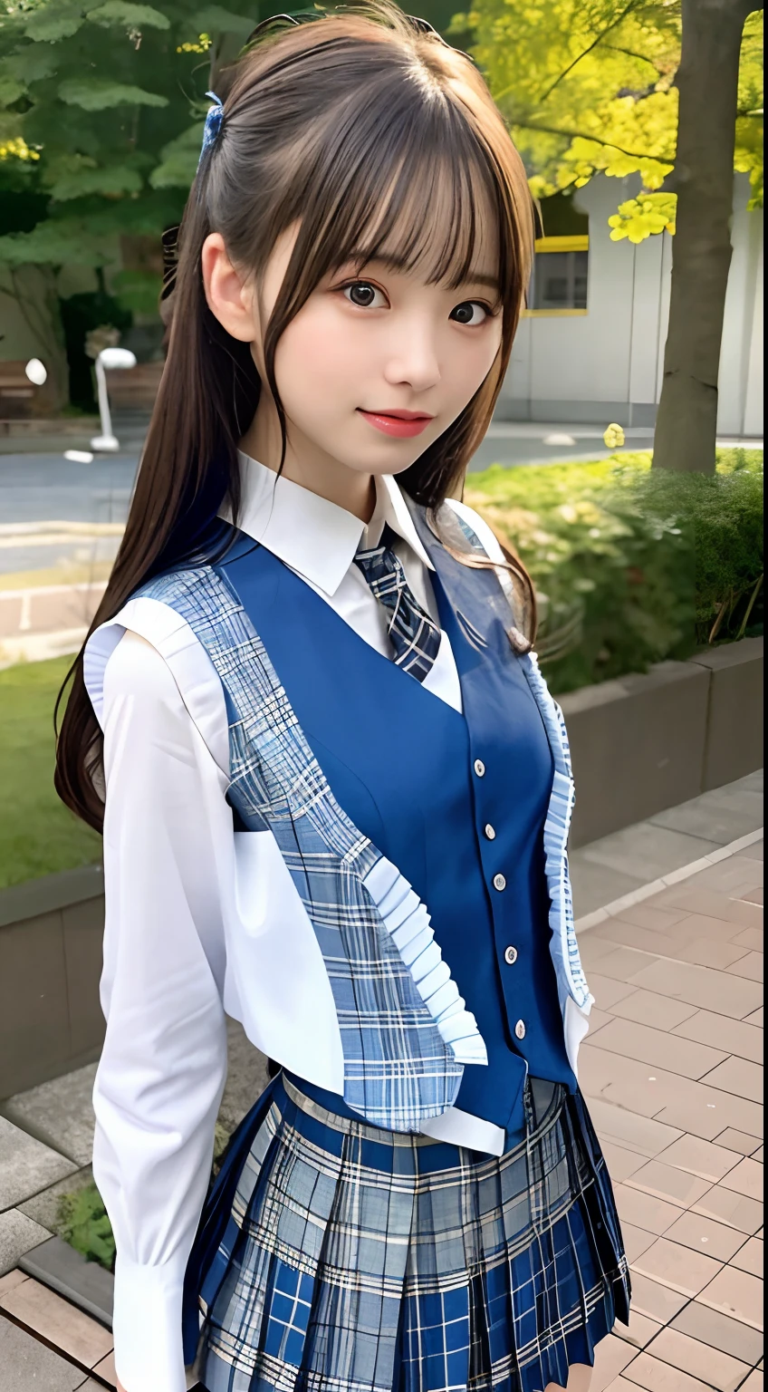 (((Medium Hair))), Best Quality, 8K, nffsw, hight resolution, absurderes:1.2, Blurry background, Bokeh:1.2, Photography, (Raw photo:1.2), (Photorealistic:1.4), (masutepiece:1.3), (Intricate details:1.2), 1girl in, Solo, japanaese girl, Delicate, Beautiful detailed woman, (Detailed eyes), (detailed facial features), Petite, (((Small breasts))), Skin Tight, (up looking_で_viewer), from a_front, (skinny), (Best Quality:1.4), (超A high resolution:1.2), cinematric light, (Extreme detailed illustration), (lipgloss, Best Quality, 超A high resolution, depth of fields, Caustics, Broad lighting, Natural Shading, 85 mm, F/1.4, ISO 200, 1/160s:0.75),1girl in, Solo, (((Blue vest))) Smile, ((School uniform, Pleated skirt with checkered pattern, crass room))