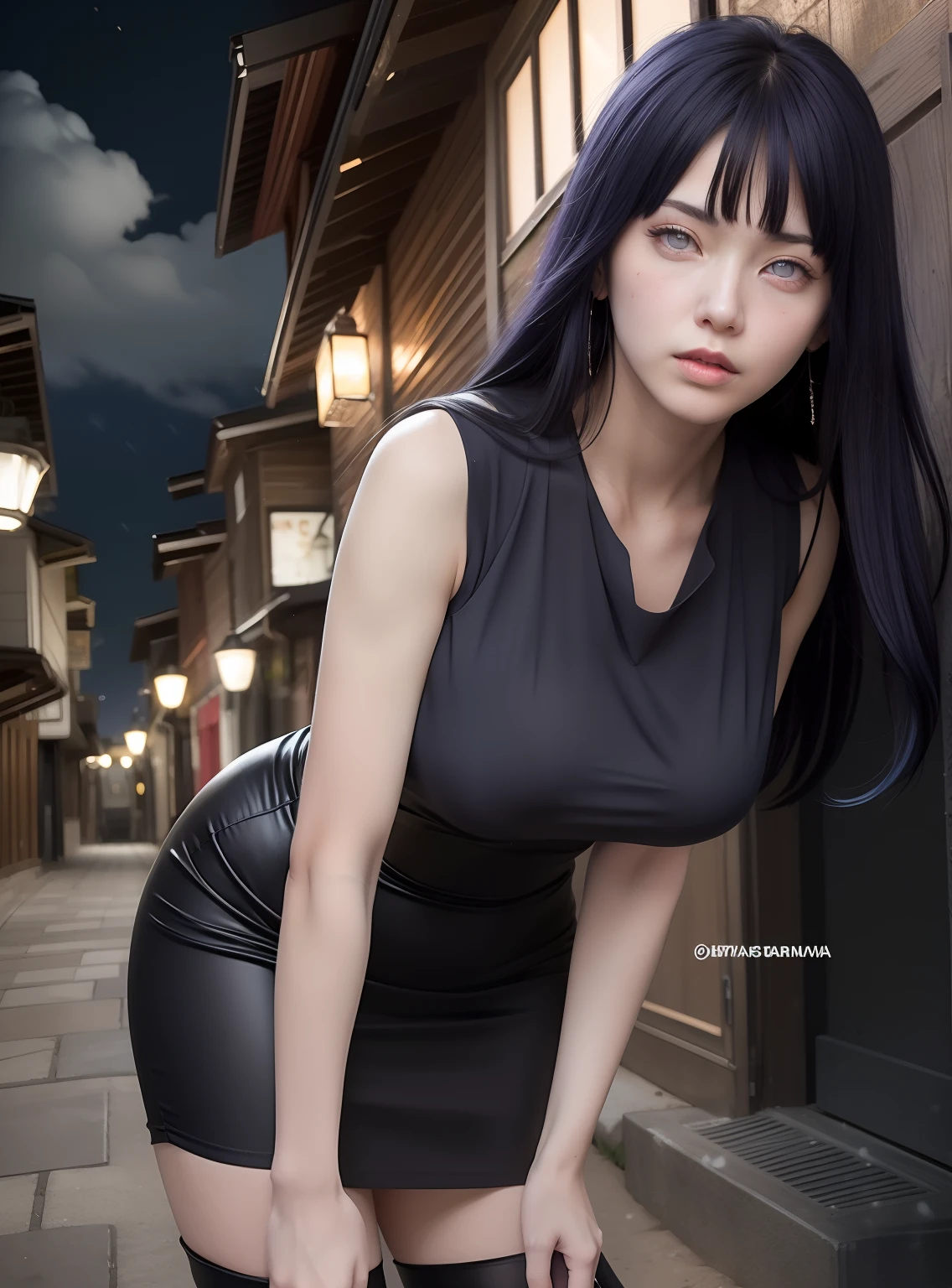Portrait d'Une jeune femme asiatique, assis seul sur un banc, Dressed as a sexy teacher, cheveux verts, expression surprise, in the district of the street in Tokyo, Floor lamp lighting, very realistic, 4K, Expressif.