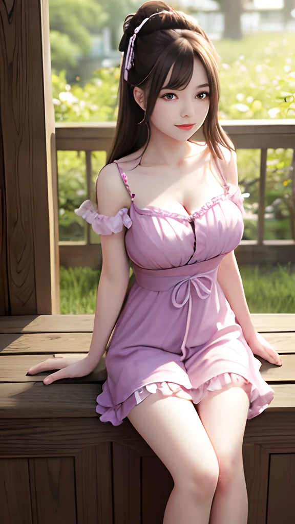 Ruffled Summer Dresses, cleavage, arms behind back, japanaese girl, in a school, knees up, hair scrunchie, Low contrast, (Smile:0.8), extra detailed face, Best Quality, 超A high resolution, photographrealistic, ultra-detailliert, 8K, Raw photo