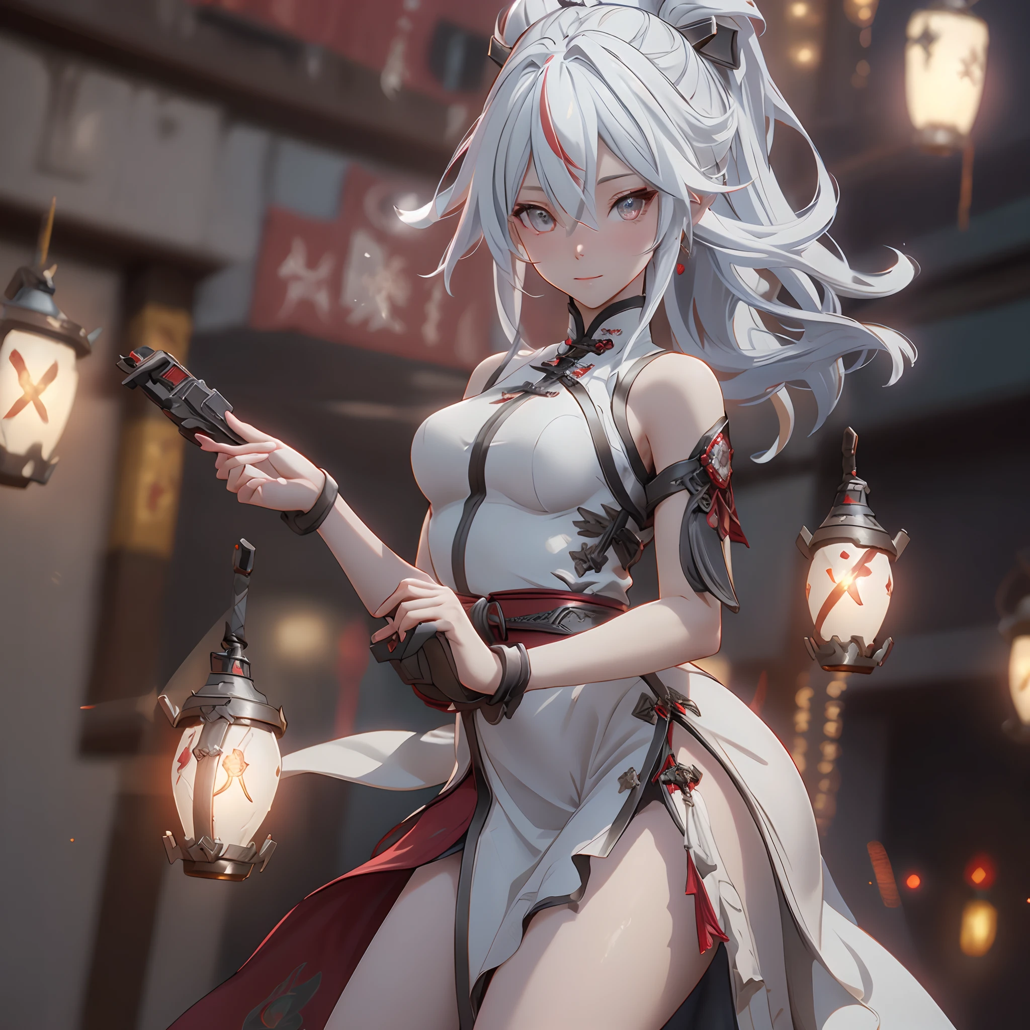 an alone girl with long red color slice gray hair , eye sleep, on the bed, inside china room style, china city , night time, High detail mature face, 2 short mechanic horn , iron mask, bare leg, bare shoulder, white china dress, white glove, black boot, high res, ultra sharp, 8k, masterpiece, smiling, assault rifle on the girl side, fantasy world, magical radiance background ((Best quality)), ((masterpiece)), 3D, HDR (High Dynamic Range),Ray Tracing, NVIDIA RTX, Super-Resolution, Unreal 5,Subsurface scattering, PBR Texturing, Post-processing, Anisotropic Filtering, Depth-of-field, Maximum clarity and sharpness, Multi-layered textures, Albedo and Specular maps, Surface shading, Accurate simulation of light-material interaction, Perfect proportions, Octane Render, Two-tone lighting, Wide aperture, Low ISO, White balance, Rule of thirds,8K RAW, Aura, masterpiece, best quality, Mysterious expression, magical effects like sparkles or energy, flowing robes or enchanting attire, mechanic creatures or mystical background, rim lighting, side lighting, cinematic light, ultra high res, 8k uhd, film grain, best shadow, delicate, RAW, light particles, detailed skin texture, detailed cloth texture, beautiful face, (masterpiece), best quality, expressive eyes, perfect face,