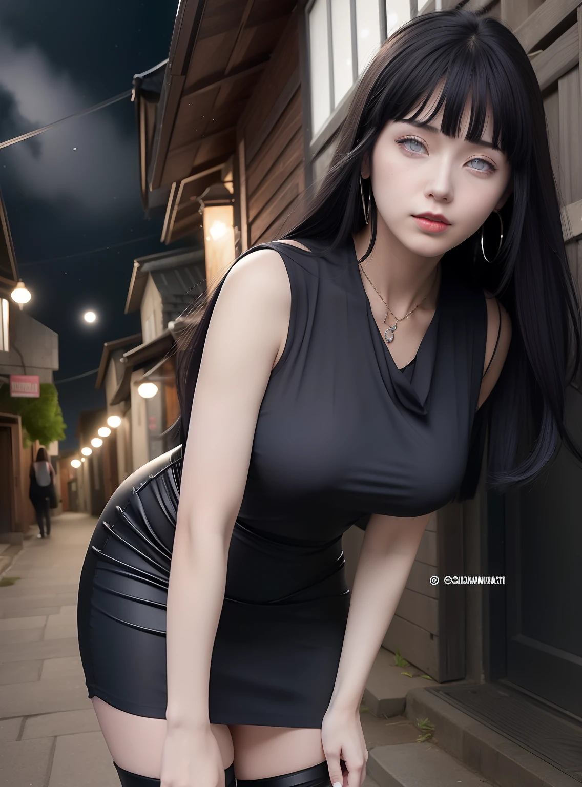 Hinata hyuga A woman was in a small alley. At night. Looks like she's wearing a full-length black dress. Dress it looks so tight. Make the curves of his body trace. Showing her big, round breasts. He looks a little bent. With long straight hair. Unraveling. It's blue. He had a white as snow. With her rosy cheeks. And little red lips. He looked into the camera. With a faint smile. So pretty... sexy and realistic