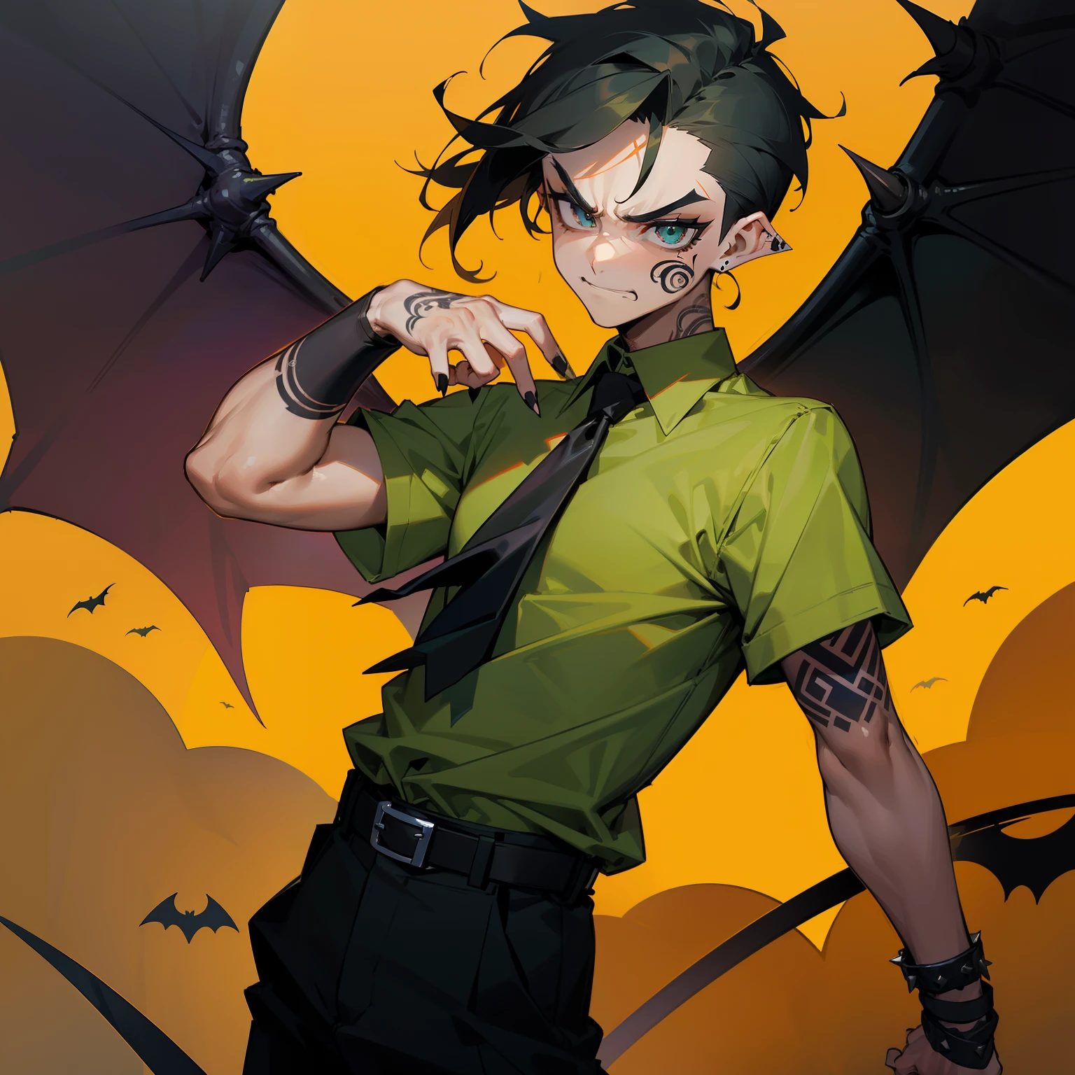 Man in shirt and tie, Male Focus, a belt, Black shirt, The tattoo, Short sleeves , Short hair, Black Short Sleeve Polo Shirt, Green tie, Black pants, punk, Raised eyebrows, Floppy bangs, Spiky back hair, a little golden color on the bangs,,,, Undercut , Simple black earrings, devil, Bat, Angry face, Black nails, arm tattoos, big eye, Black Eye Makeup, Wearing hair on the ears, Forehead, ssmile, wrist watch, Black Bangle, Square Thailand