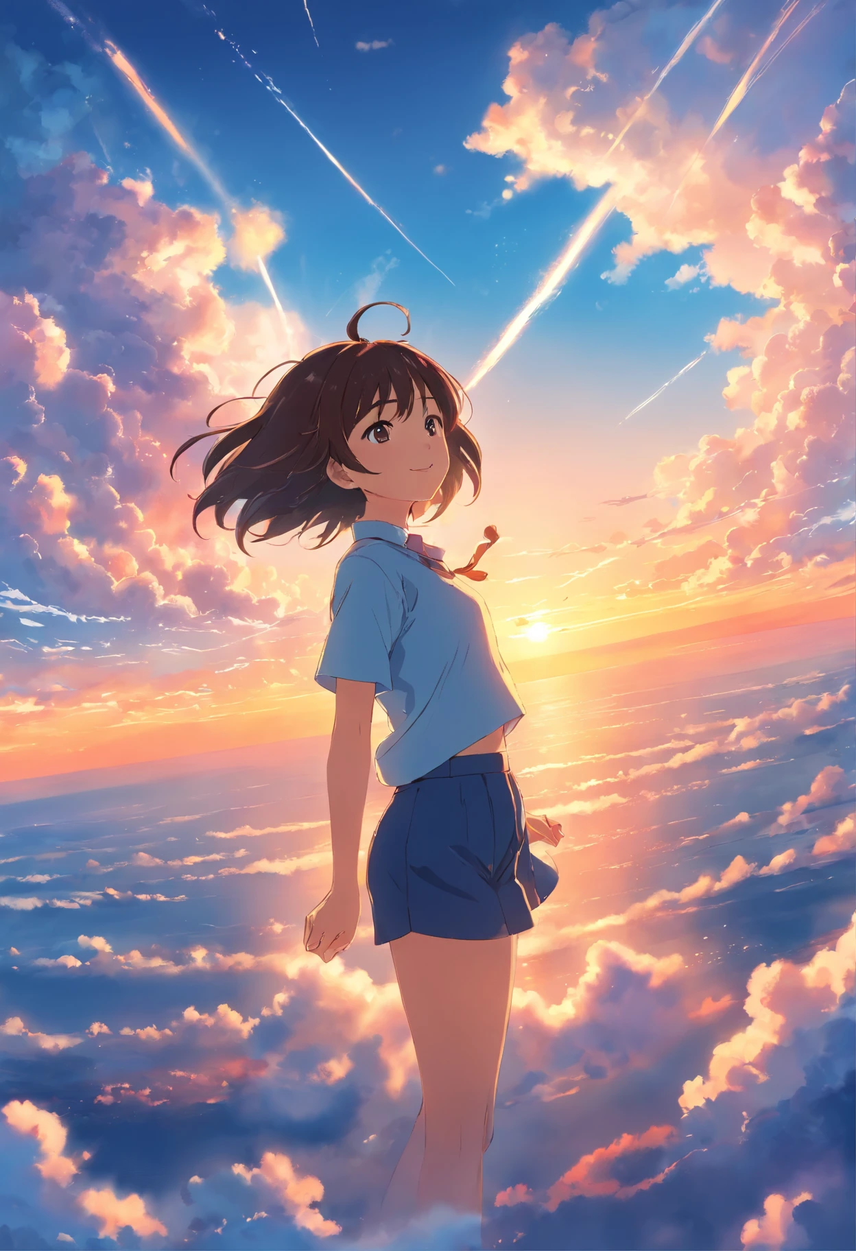 masterpiece, best quality, movie still, 1girl, cloud girl, floating in the sky, close-up, bright, happy, warm soft lighting, sunset, (sparks:0.7)