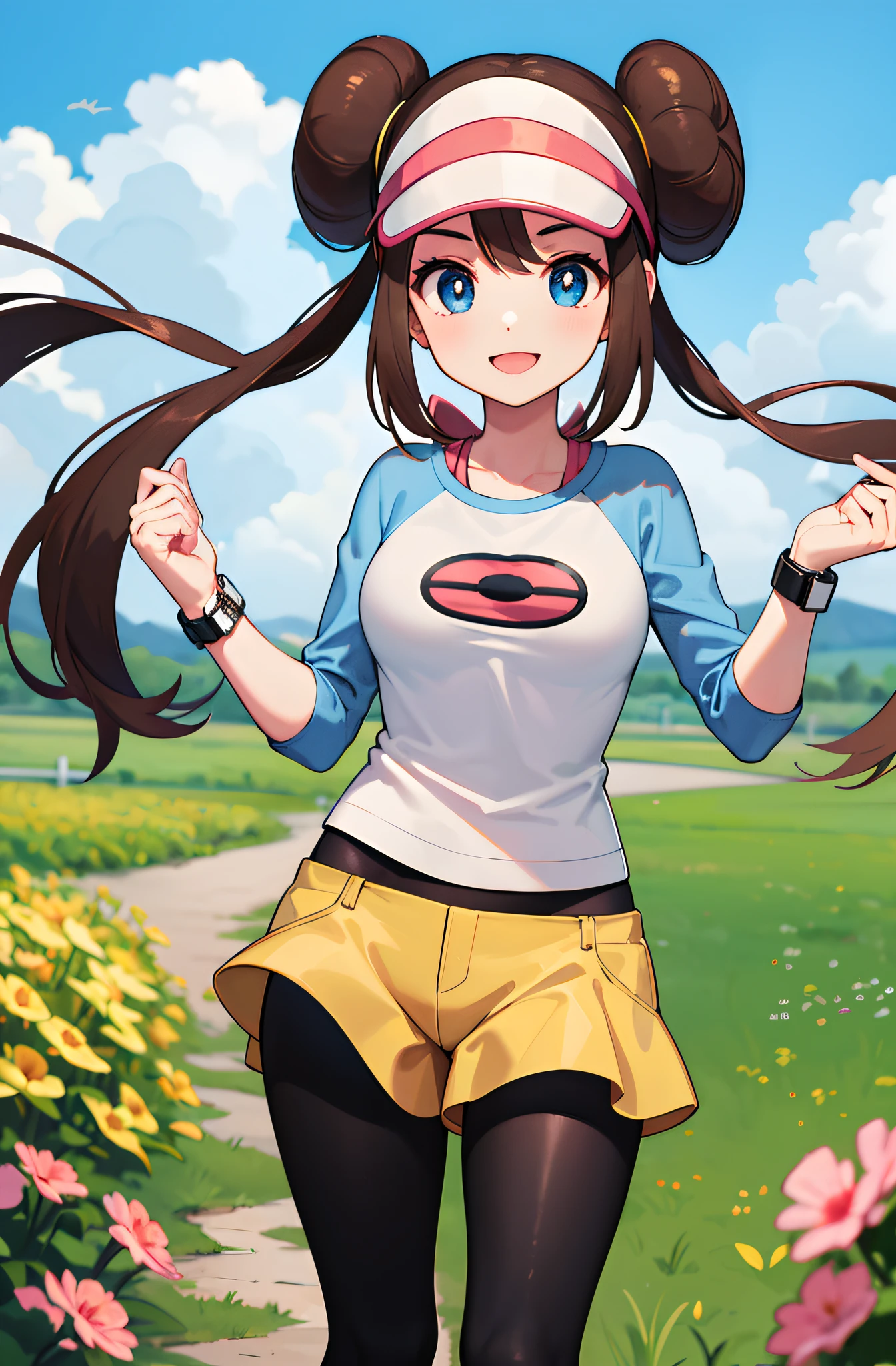 masterpiece, best quality, highres, ro1, hair bun, blue eyes, twintails, visor cap, pantyhose, raglan sleeves, yellow shorts, shirt, pink bow, wristwatch, standing, cowboy shot, field, poke ball \(basic\), smile