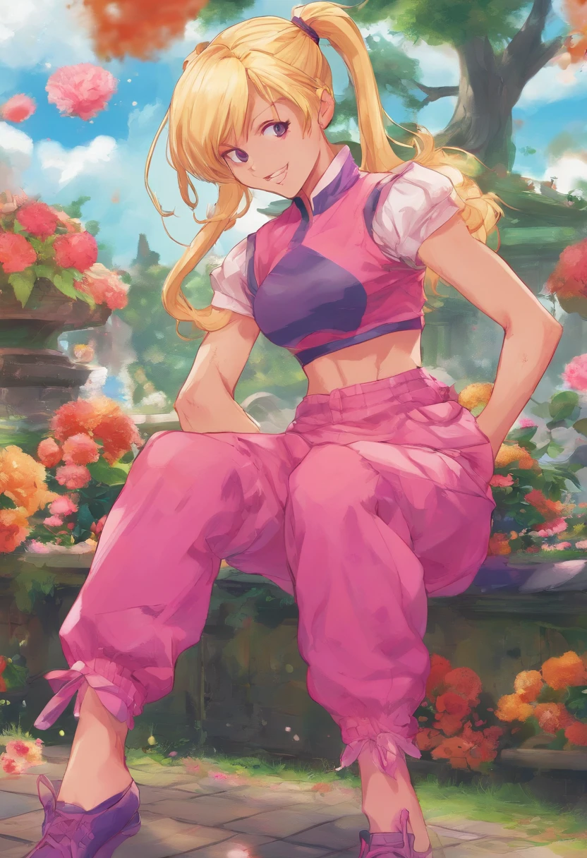 (a beautiful muscular girl,blonde:pigtail,eye-catching,top-quality,),thigh high socks,pink frilly skirt,gym top,fashionable,vibrant colors,expressive face,dynamic pose,in a garden setting,floral background,soft natural lighting,realistic style,happy expression,confident stance,attention-grabbing appearance,strong legs,bounce and volume in the hair,high-resolution image,vivid colors,perfectly styled hair,fit and athletic body,energetic vibe,full of life