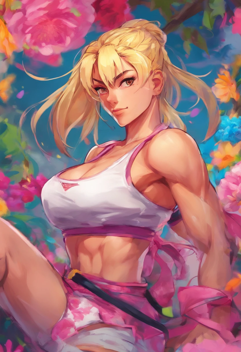 (a beautiful muscular girl,blonde:pigtail,eye-catching,top-quality,),thigh high socks,pink frilly skirt,gym top,fashionable,vibrant colors,expressive face,dynamic pose,in a garden setting,floral background,soft natural lighting,realistic style,happy expression,confident stance,attention-grabbing appearance,strong legs,bounce and volume in the hair,high-resolution image,vivid colors,perfectly styled hair,fit and athletic body,energetic vibe,full of life