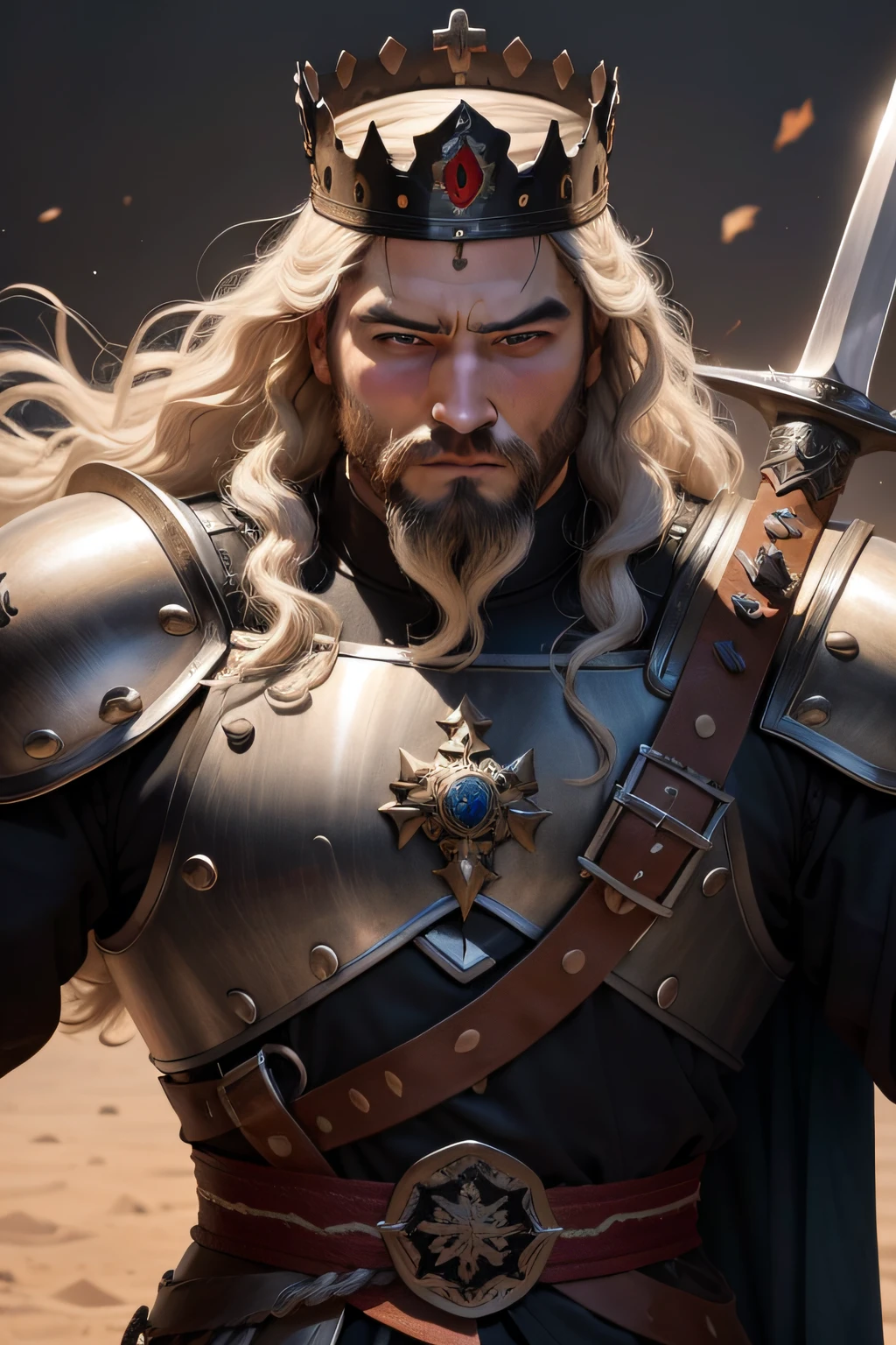 Rei davi rezando de joelhos, cabelos ruivos e barbas, It is his crown on his head and armor that has the symbol of Isral medieval and his sword in his hands, e o exercito inimigo na sua frente