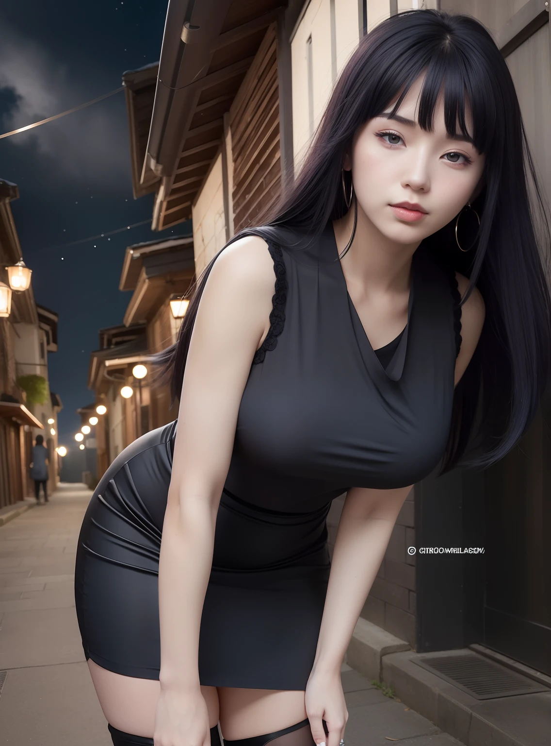 Hinata hyuga A woman was in a small alley. At night. Looks like she's wearing a full-length black dress. Dress it looks so tight. Make the curves of his body trace. Showing her big, round breasts. He looks a little bent. With long straight hair. Unraveling. It's blue. He had a white as snow. With her rosy cheeks. And little red lips. He looked into the camera. With a faint smile. So pretty... sexy and realistic