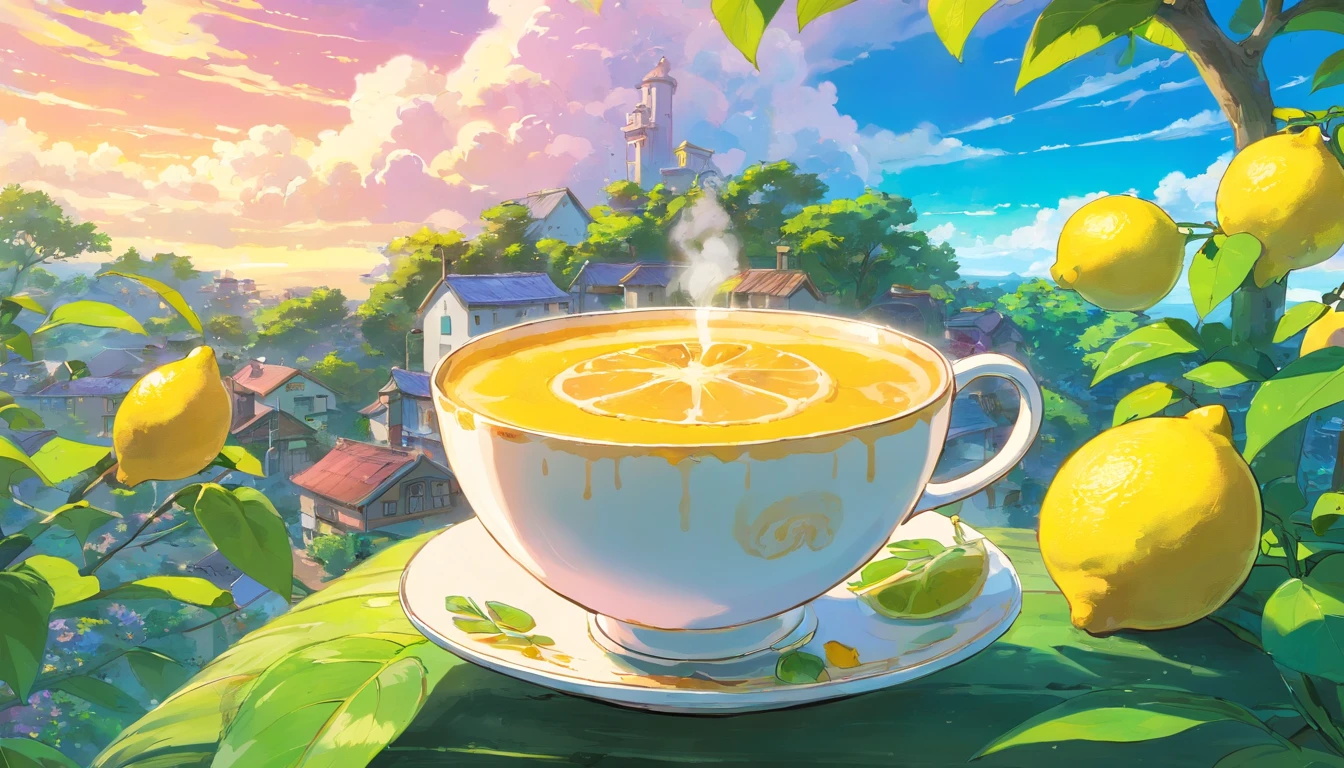 coffee、(nobody)lemons、Yellow fades to blue。it's cool。、Ice cubes、Placed on green leaves、outside of house、Clear pink sky、There are beautiful clouds、cyberpunked