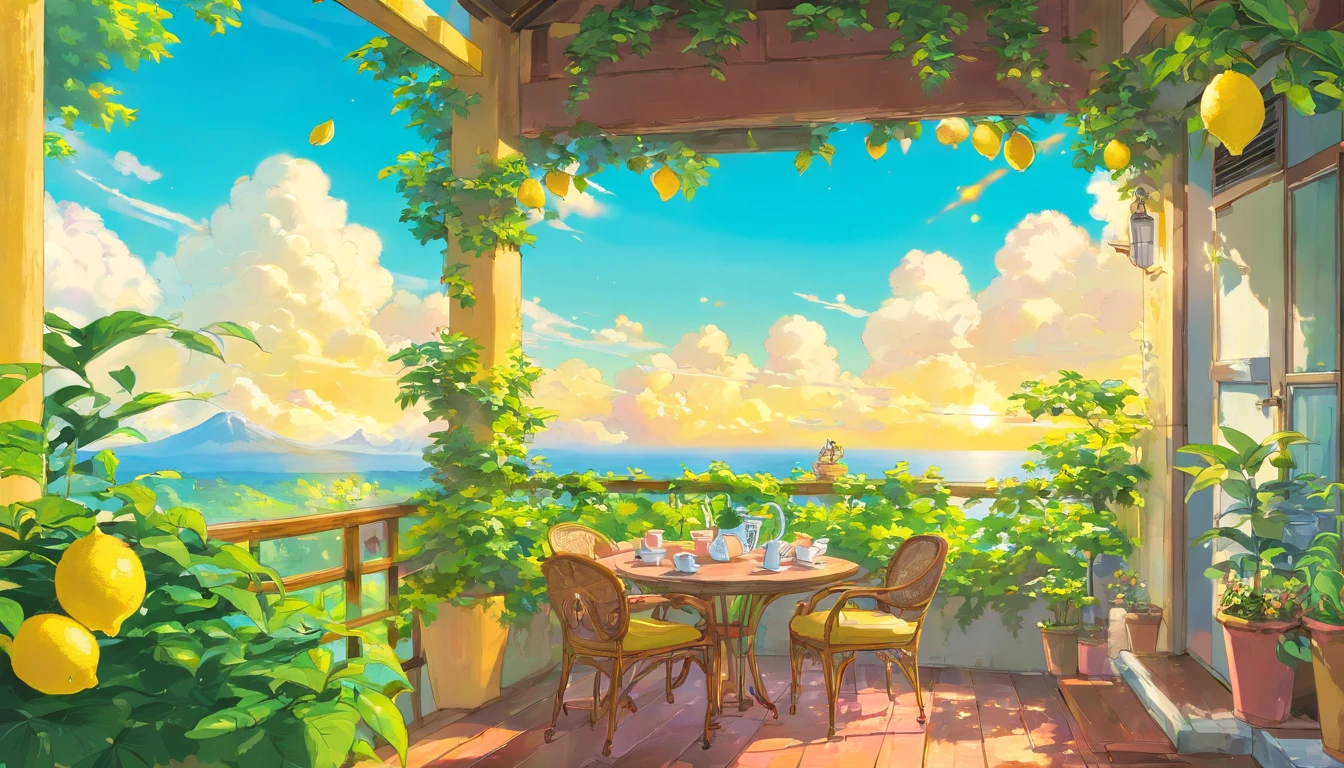coffee、(nobody)lemons、Yellow fades to blue。it's cool。、Ice cubes、Placed on green leaves、outside of house、Clear pink sky、There are beautiful clouds、cyberpunked