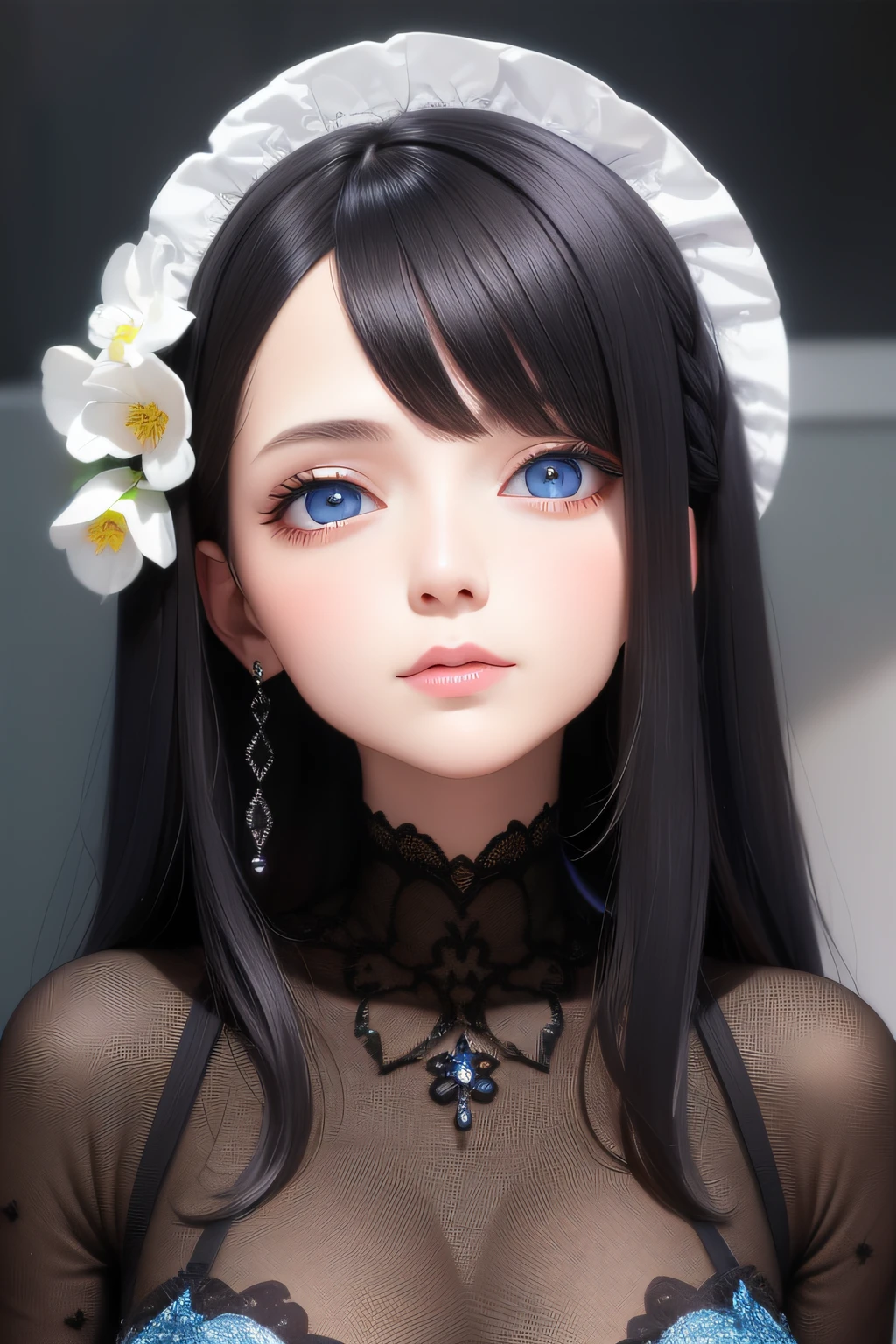 best quality, masterpiece, black hair, blue eyes, looking up, upper body