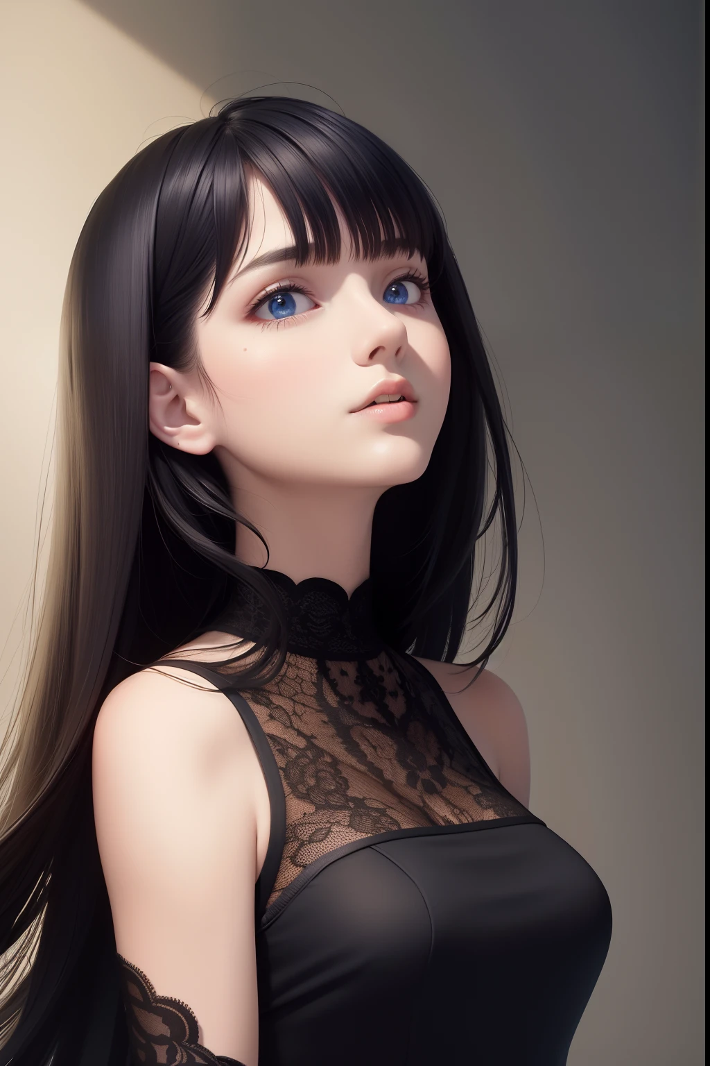 best quality, masterpiece, black hair, blue eyes, looking up, upper body