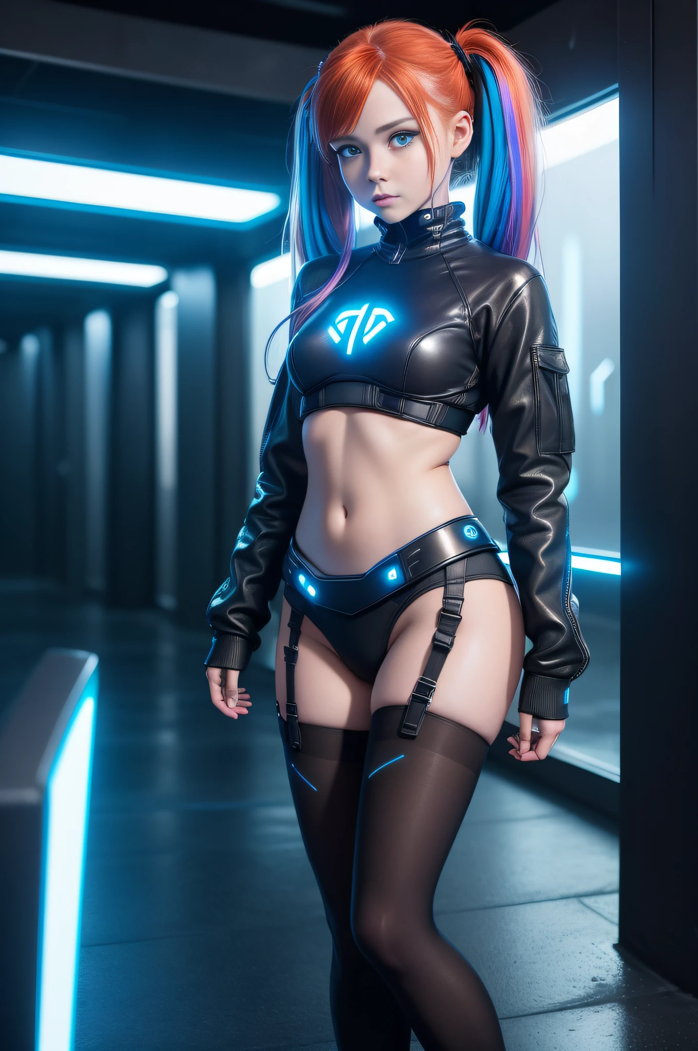 1 girl, solo, (nsfw), cute redhead 18-year-old girl in twin tails, ((perfect female body)), (cute face make up), multiple (rainbow colored hair: 1.2), (beautiful detailed blue eyes: 1.6), (photo realistic eyes: 1.6), happy, Ukrainian, (petite body), ((small hips)), pale white skin, (mini skirt and tube top), (matte pantyhose: 1.6), (("TRON LEGACY futuristic city" style background)), (night time:1.2), photo realistic.