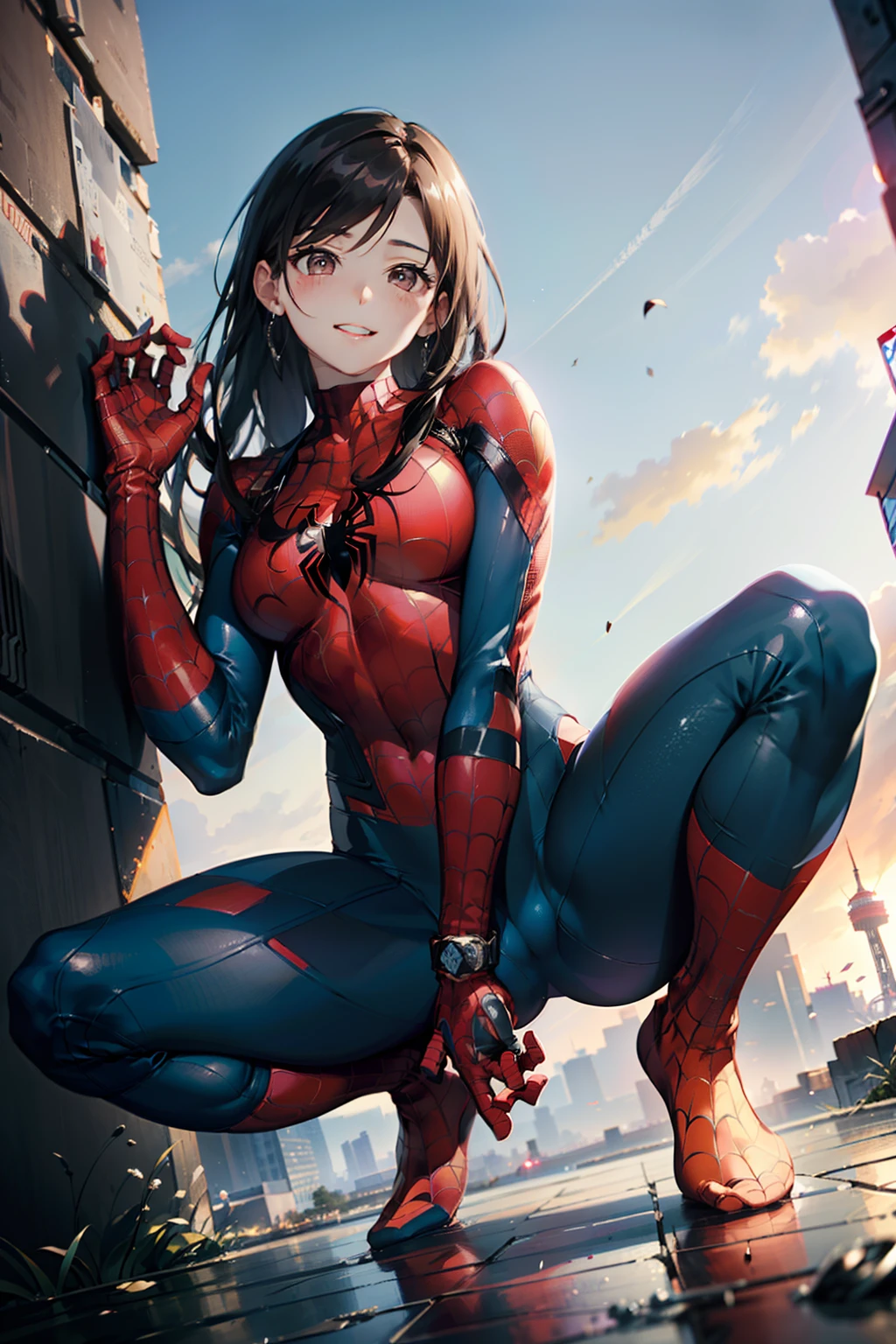 NSFW、High legsuits(masutepiece、Best Quality)、Intricate details、8k picture、art  stations、Wallpaper、Official art、Splash Art、Sharp Focus、1girl in、Tifa Lockhart、Long hair、dark brown eyes、Black hair、Big breasts、Skins don't appear、Skintight Spiderman Suit、She is a red、Spider-Man's suit with black theme、(a smile)、(embarrassed from)、(red blush)、crouching down、itting open legs、Arms behind your head、(highleg)、Raw thighs、Top of Tokyo Skytree in the afternoon、