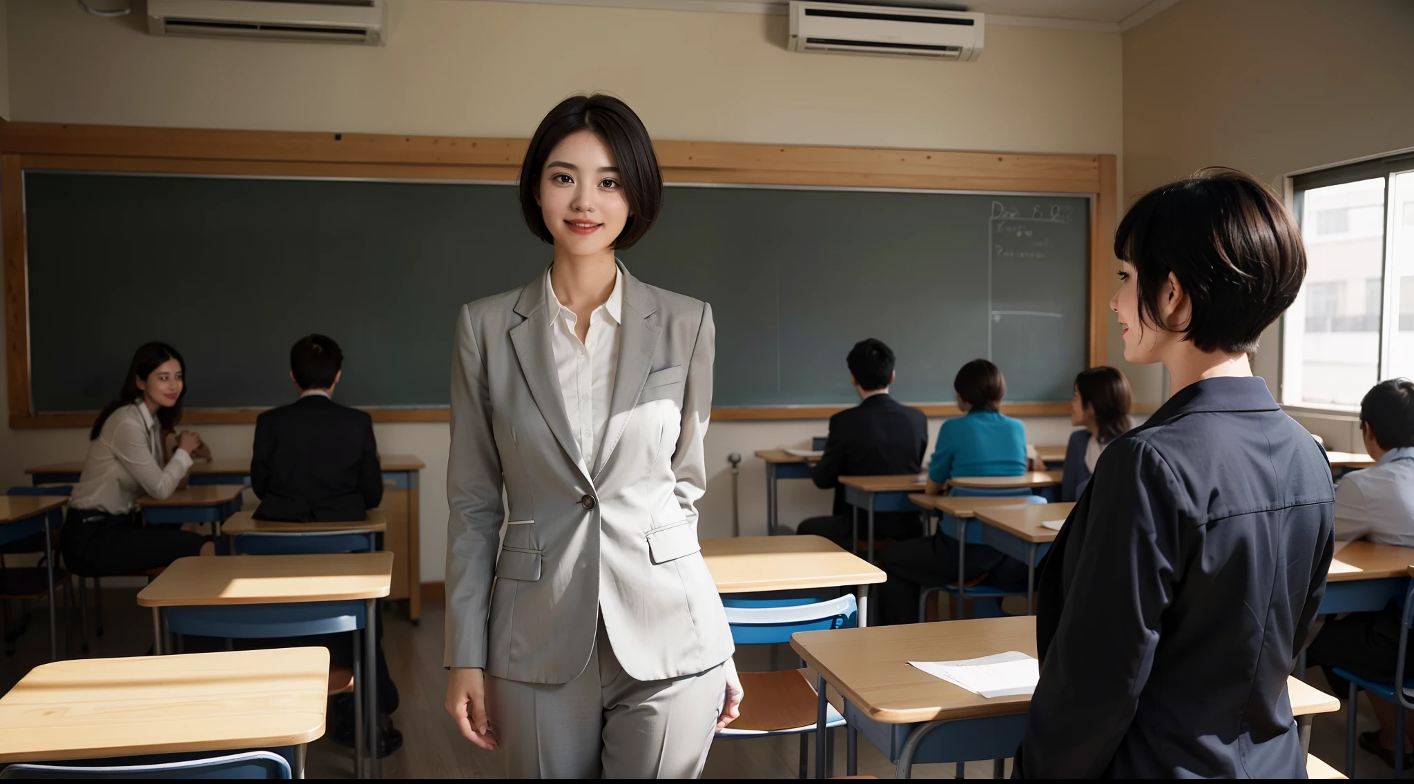 (A female teacher teaching a lesson in front of a blackboard in the classroom:1.5), (The best quality at its best:1.4), (Super detailed), (Very detailed CG unified 16k), Beautiful woman with perfect figure: 1.4, Sharp focus: 1.2, Very detailed, High-quality RAW color photos, Professional photography, Great face and eyes, cosmetics, (Amazingly beautiful girl), ((In a suit:1.5)), Sexy posture,(View from below), Realistic movie faces, Wide zoomed out view of head to foot length, Full body long view, Realistic, ((Realistic natural orange red hairstyle, Realistic blue eyes)), ( Short Bob Hair:1.5), (necklace:1.5)、, Very beautiful face, Perfect model beauty, Mouth swelling, Highly detailed face and skin texture, Fine grain, double eyelid, Medium chest, smile, Crack, west, (masterpiece), highest quality, High resolution, Very detailed, Blurred Background, Depth of written boundary, Cinema Lighting, Great legs, , Clear, well-maintained skin, (((Women make up the majority of the photo)))