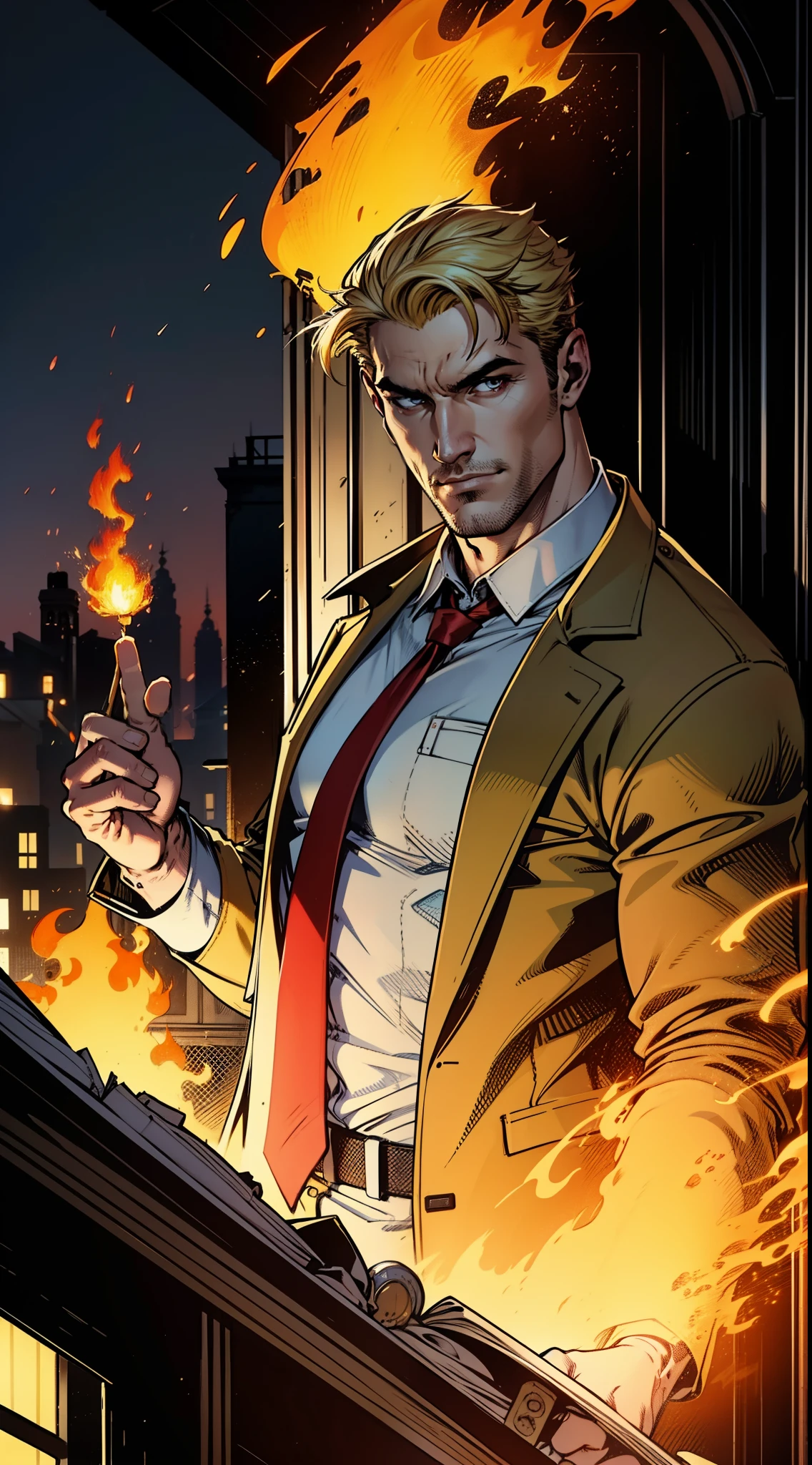 1 man, solo, John Constantine, British man, tall, fit muscle, big baggy faded plain yellow trench coat, ((loose long red tie)), loose untidy white shirt, black trousers, making a fireball out of his right hand, smirks, light blond hair, crew cut hair style, hades style fire, dark Liverpool street in the background, nightime, best quality, 4k, upper body shot, wallpaper