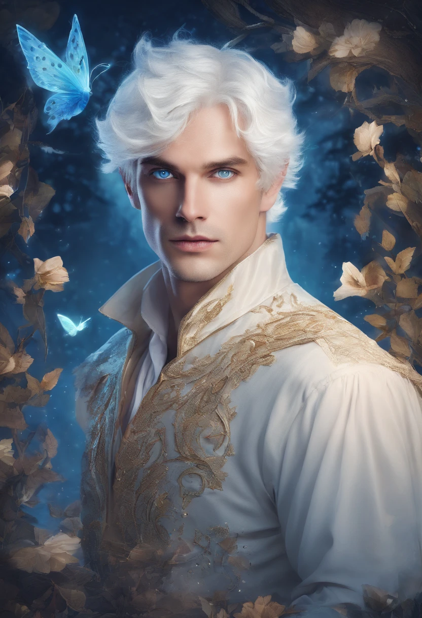 Story of a adult man with short white hair and blue eyes