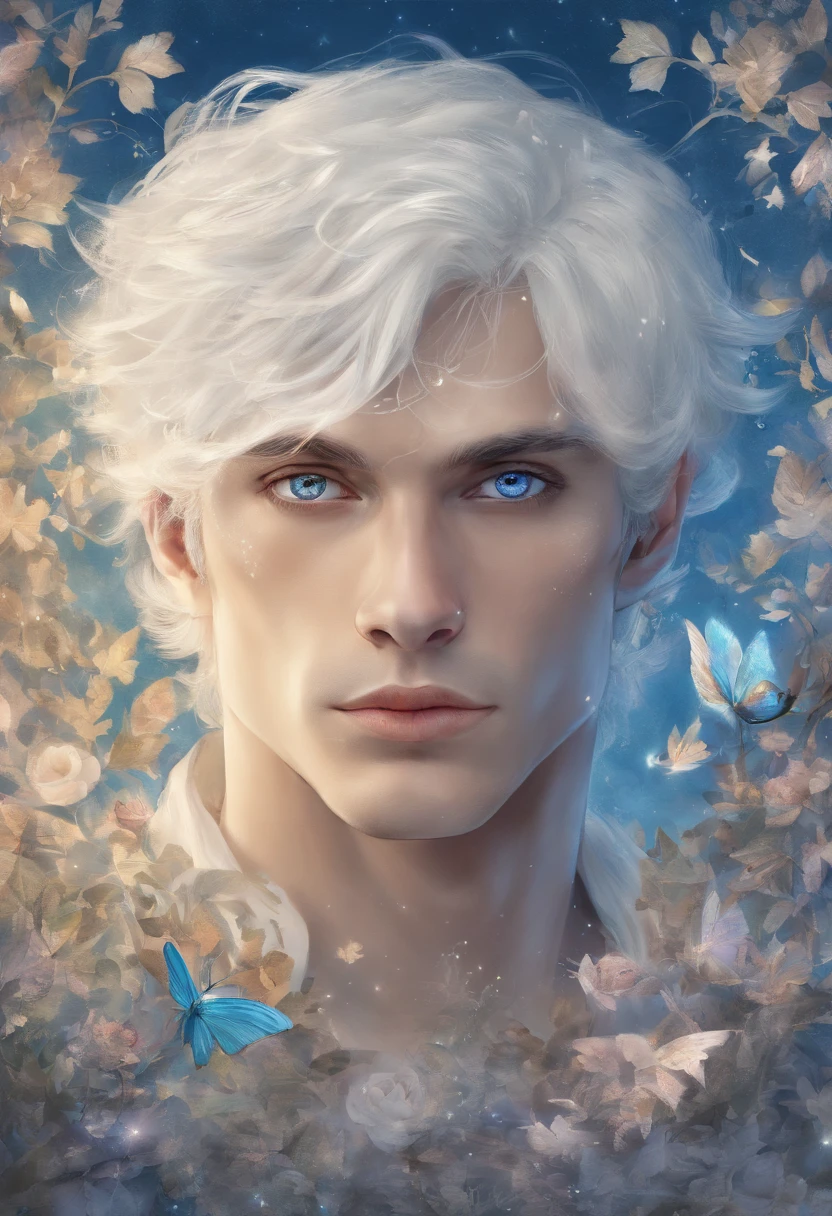 Story of a adult man with short white hair and blue eyes
