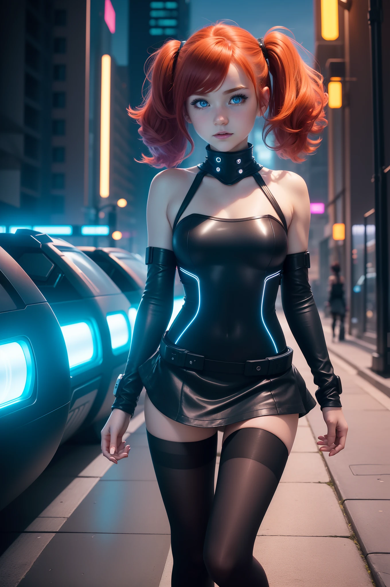 20-year-old girl with glowing red hair, wearing a short neon light-up dress, full body