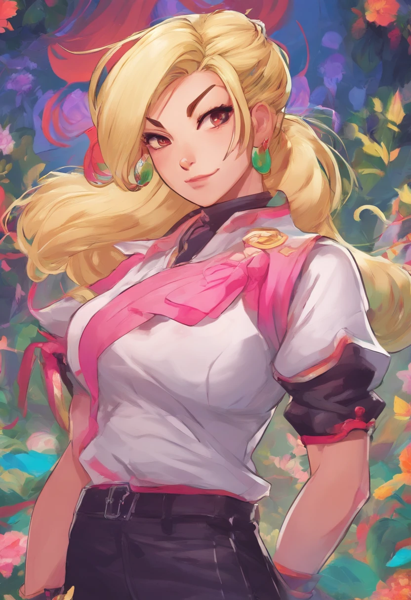 (a beautiful muscular girl,blonde:pigtail,eye-catching,top-quality,),thigh high socks,pink frilly skirt,gym top,fashionable,vibrant colors,expressive face,dynamic pose,in a garden setting,floral background,soft natural lighting,realistic style,happy expression,confident stance,attention-grabbing appearance,strong legs,bounce and volume in the hair,high-resolution image,vivid colors,perfectly styled hair,fit and athletic body,energetic vibe,full of life