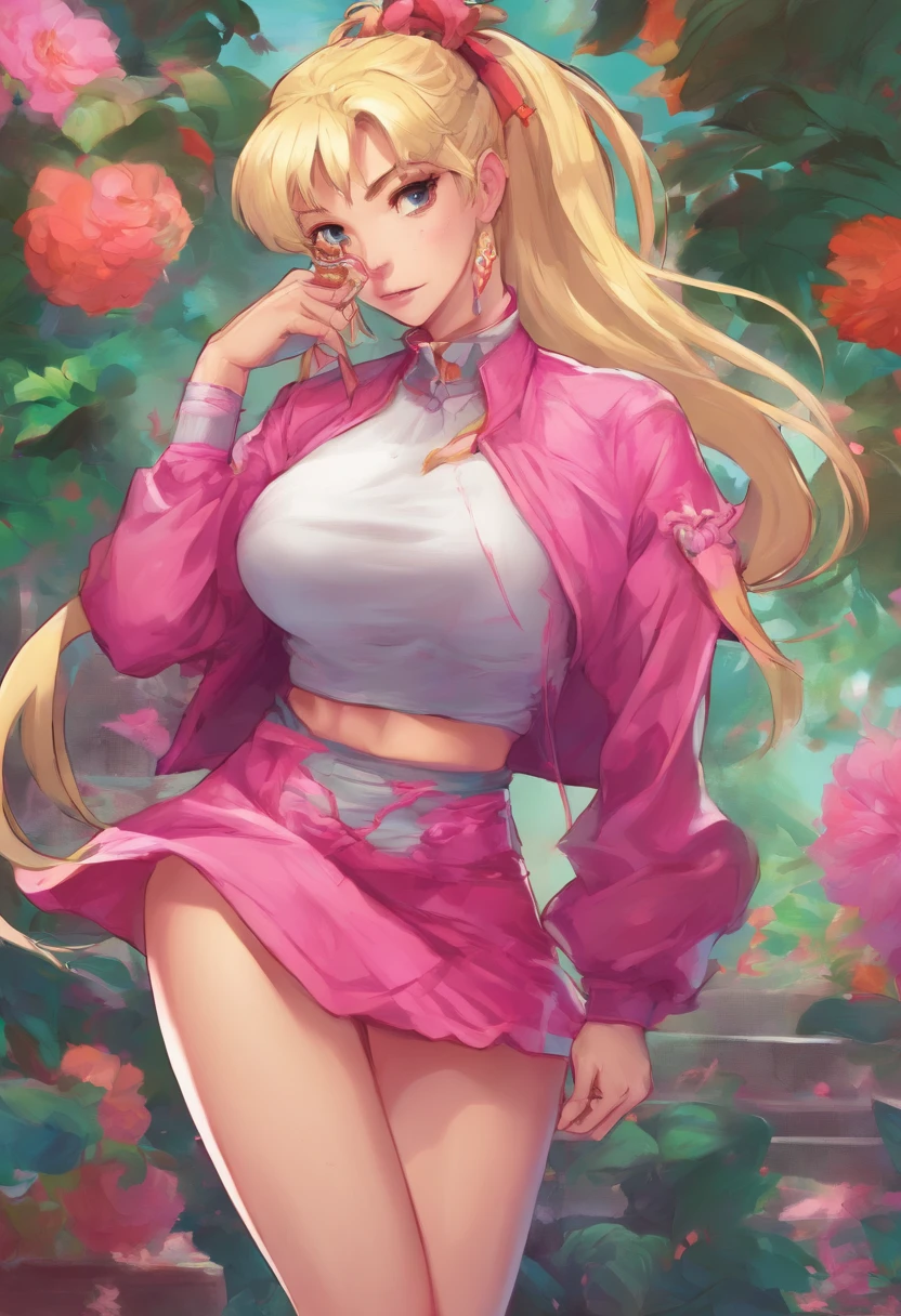 (a beautiful muscular girl,blonde:pigtail,eye-catching,top-quality,),thigh high socks,pink frilly skirt,gym top,fashionable,vibrant colors,expressive face,dynamic pose,in a garden setting,floral background,soft natural lighting,realistic style,happy expression,confident stance,attention-grabbing appearance,strong legs,bounce and volume in the hair,high-resolution image,vivid colors,perfectly styled hair,fit and athletic body,energetic vibe,full of life