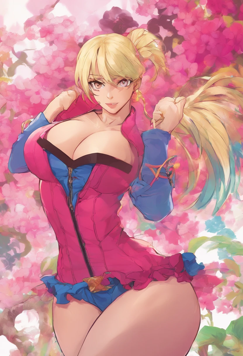 (a beautiful muscular girl,blonde:pigtail,eye-catching,top-quality,),thigh high socks,pink frilly skirt,gym top,fashionable,vibrant colors,expressive face,dynamic pose,in a garden setting,floral background,soft natural lighting,realistic style,happy expression,confident stance,attention-grabbing appearance,strong legs,bounce and volume in the hair,high-resolution image,vivid colors,perfectly styled hair,fit and athletic body,energetic vibe,full of life