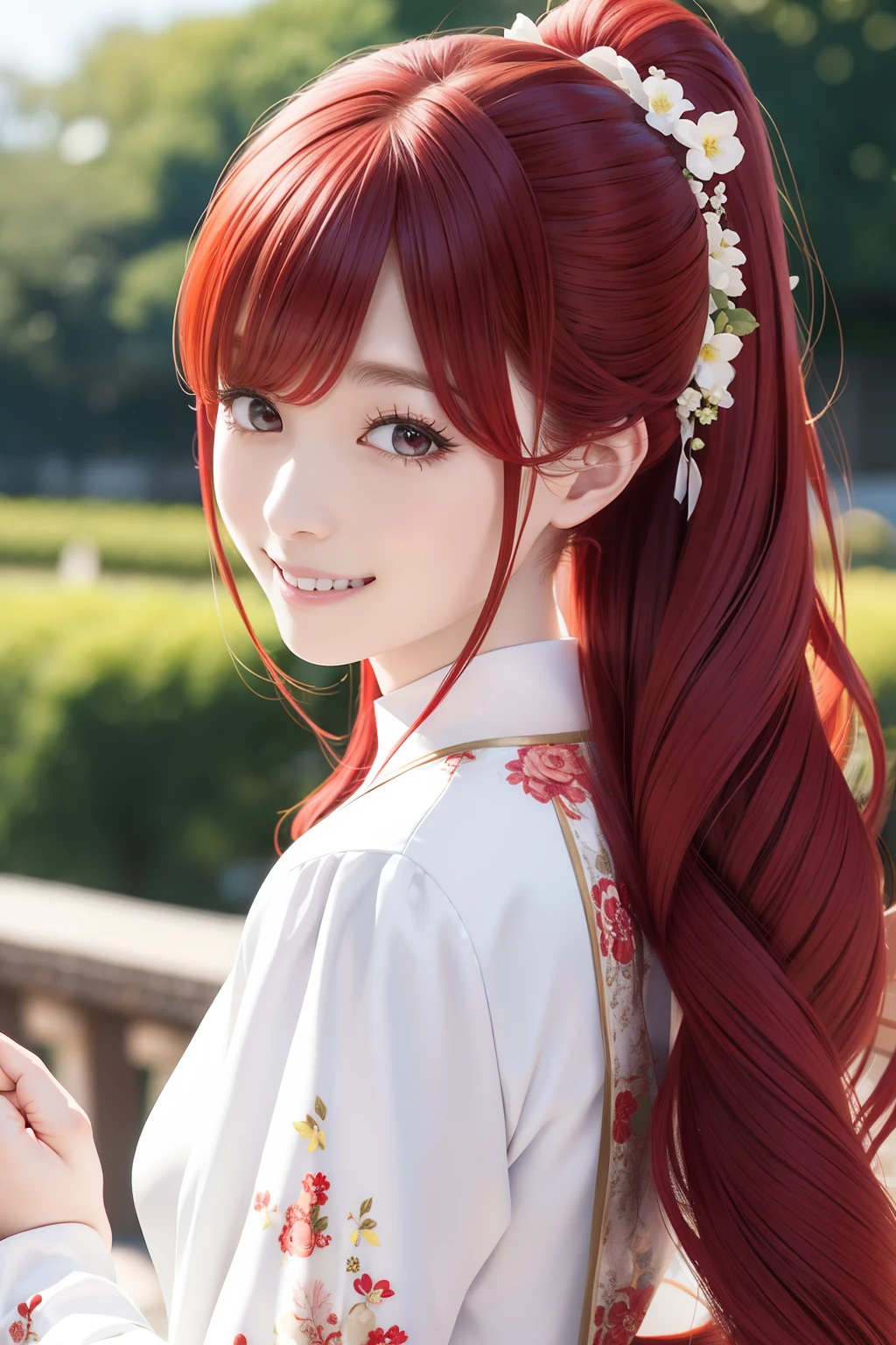 Red hair、Long hair、Side tail、bustshot、A smile、side poneyTail、Princess、robe blanche、Floral embroidery、