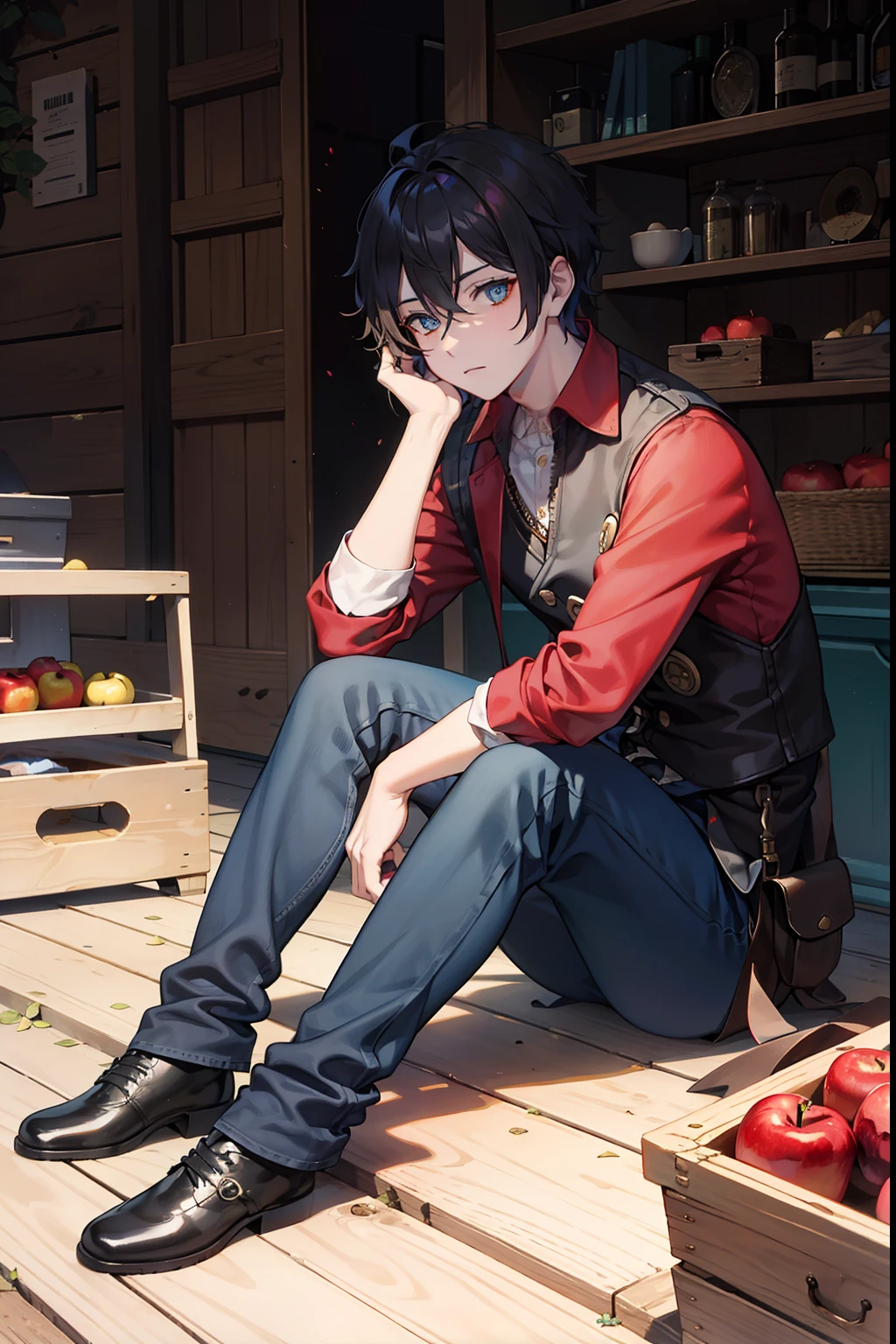 male people A dark-haired blue eyess Apples are falling on the floor Bees are flying steampunc (ember) Sitting on the floor Short hair Wearing pants