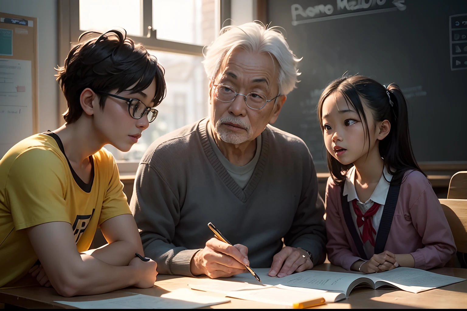 In bright classrooms，（An older Asian male teacher discusses issues with two ：1.5），Two schoolchildren quarrel witr，The teacher's face is full of the vicissitudes of time，Full of silver hair，Watch your classmates smile toothyly，The blackboard behind him was full of formulas，Sunlight shines through the window on the teacher's face，3D character design by Mark Clairen and Pixar and Hayao Miyazaki and Akira Toriyama，((Best quality, A high resolution, Masterpiece:1.2)), Clear facial features, Optimized details,8K,cinematic Film still from.